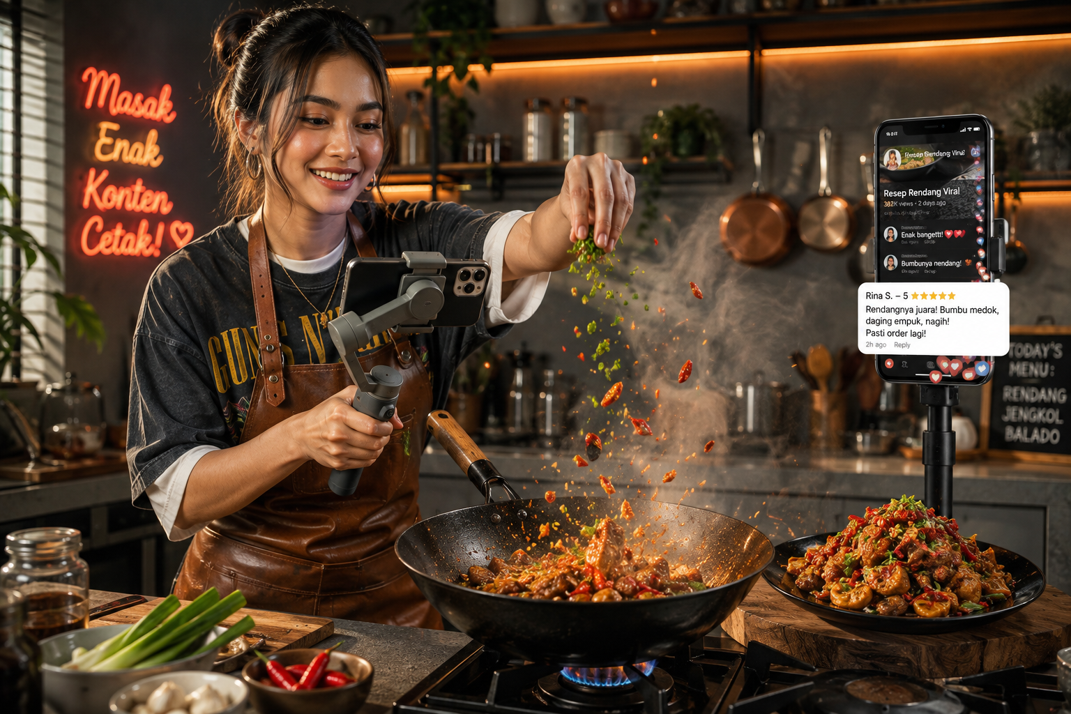 Ilustrasi pembuat konten kuliner Indonesia sedang merekam video Reels proses memasak dengan smartphone dan gimbal, menampilkan wajan berapi, hasil makanan jadi, dan testimoni pelanggan di layar HP. Strategi konten visual untuk bisnis kuliner 2026.