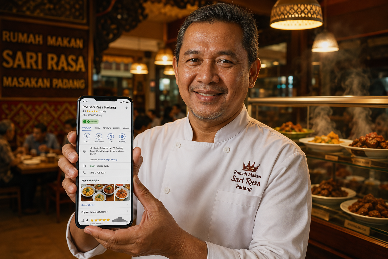 Ilustrasi pengusaha restoran Indonesia menunjukkan profil Google Bisnisku yang sudah lengkap dengan alamat, jam buka, nomor telepon, foto menu, dan rating bintang 5. Panduan optimasi Google Maps untuk bisnis kuliner 2026.