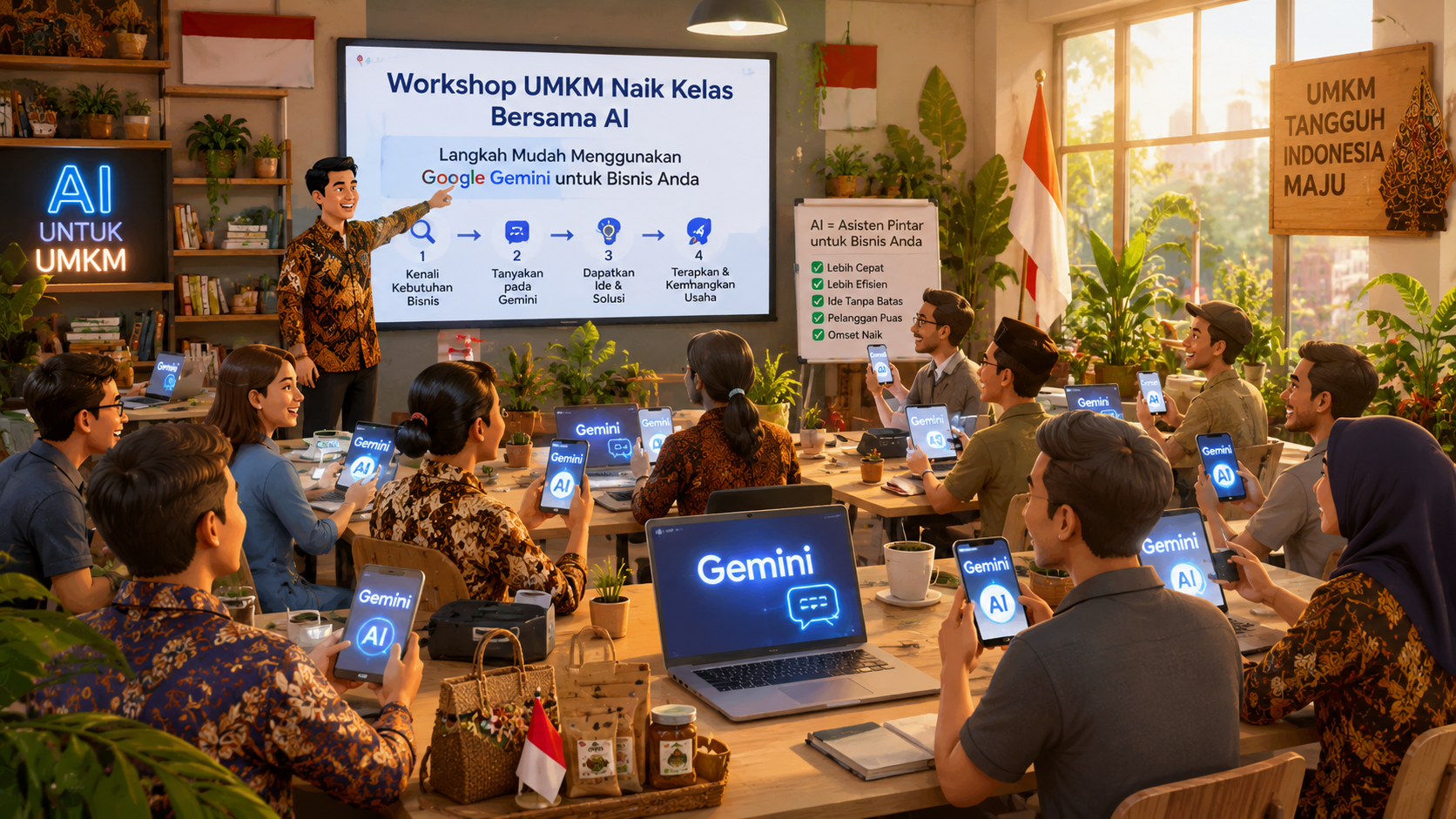 Ilustrasi UMKM Indonesia mengikuti pelatihan AI gratis bersama-sama di ruang kerja modern.