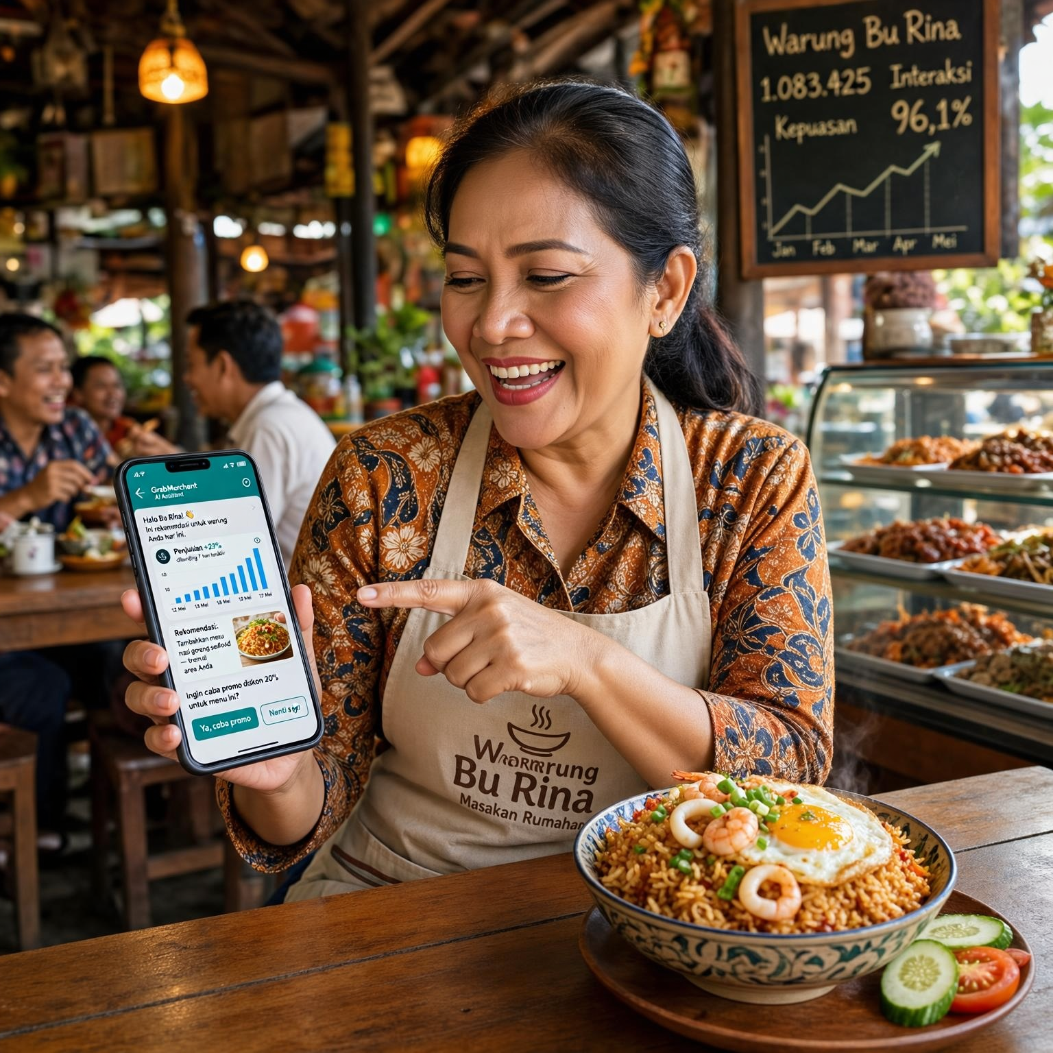 Ilustrasi pemilik warung Indonesia menggunakan Asisten AI GrabMerchant di smartphone. Layar menampilkan rekomendasi bisnis praktis: grafik penjualan +23%, saran menu nasi goreng seafood, dan promo diskon. Latar belakang menunjukkan papan tulis dengan data 1.083.425 interaksi dan tingkat kepuasan 96,1%. Gambar adopsi AI untuk UMKM kuliner.