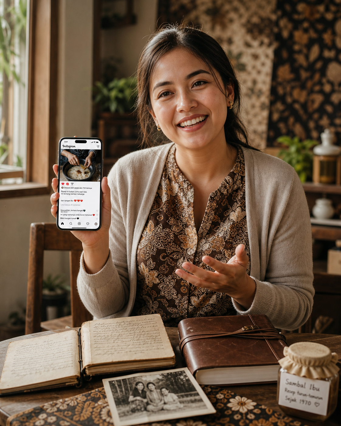 Ilustrasi strategi storytelling untuk pemasaran konten UMKM. Pengusaha wanita Indonesia memegang smartphone dengan postingan cerita di Instagram—foto nenek memasak dengan caption tentang warisan keluarga. Di meja: buku resep usang, foto keluarga, produk dengan label tangan, jurnal perjalanan bisnis. Gambar pendekatan autentik membangun kedekatan emosional dengan konsumen.