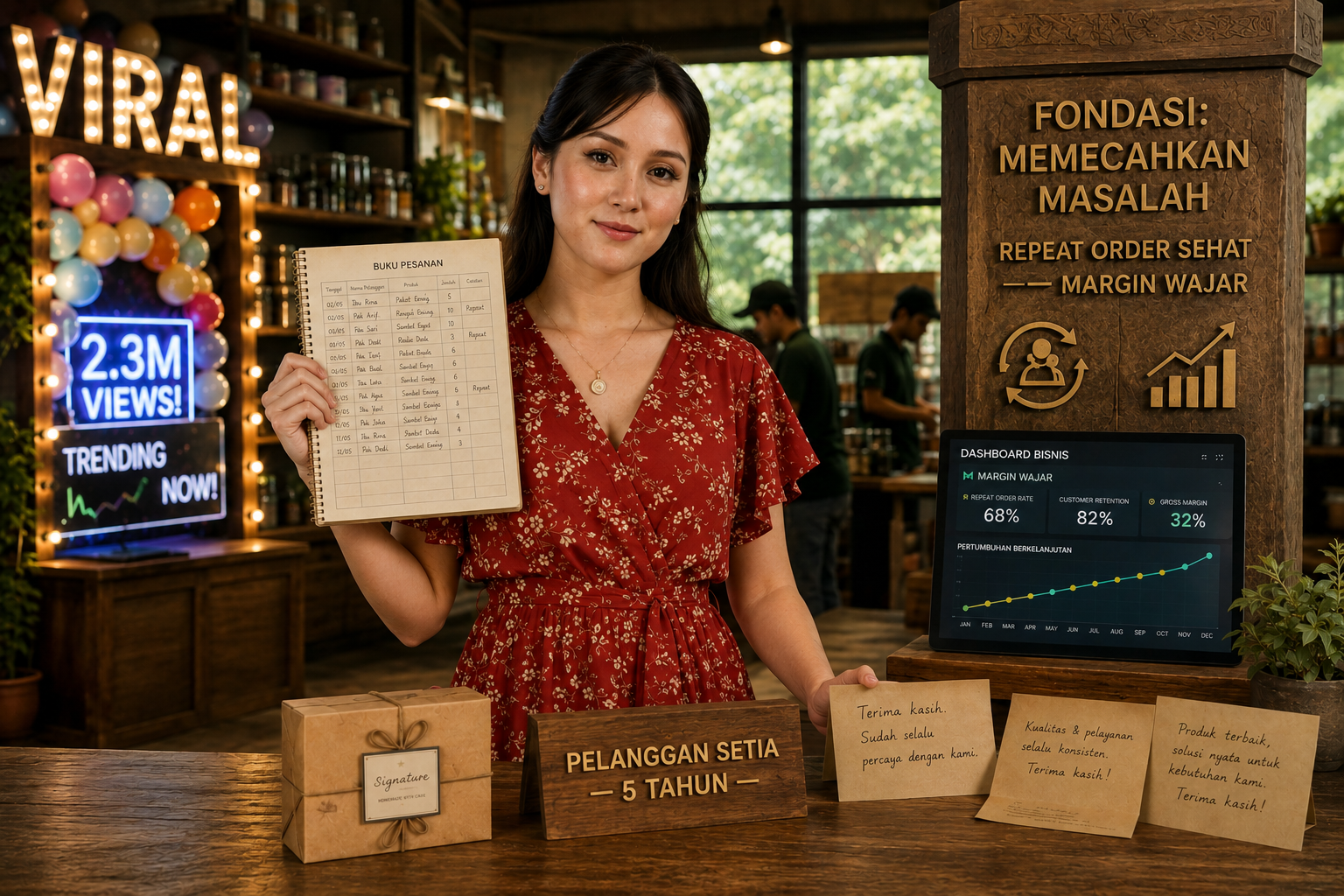 Ilustrasi filosofi bisnis berkelanjutan. Pengusaha wanita Indonesia memegang smartphone dengan viral (posisi rendah) dan buku pesanan repeat order (posisi tinggi). Latar belakang: pilar kokoh bertuliskan