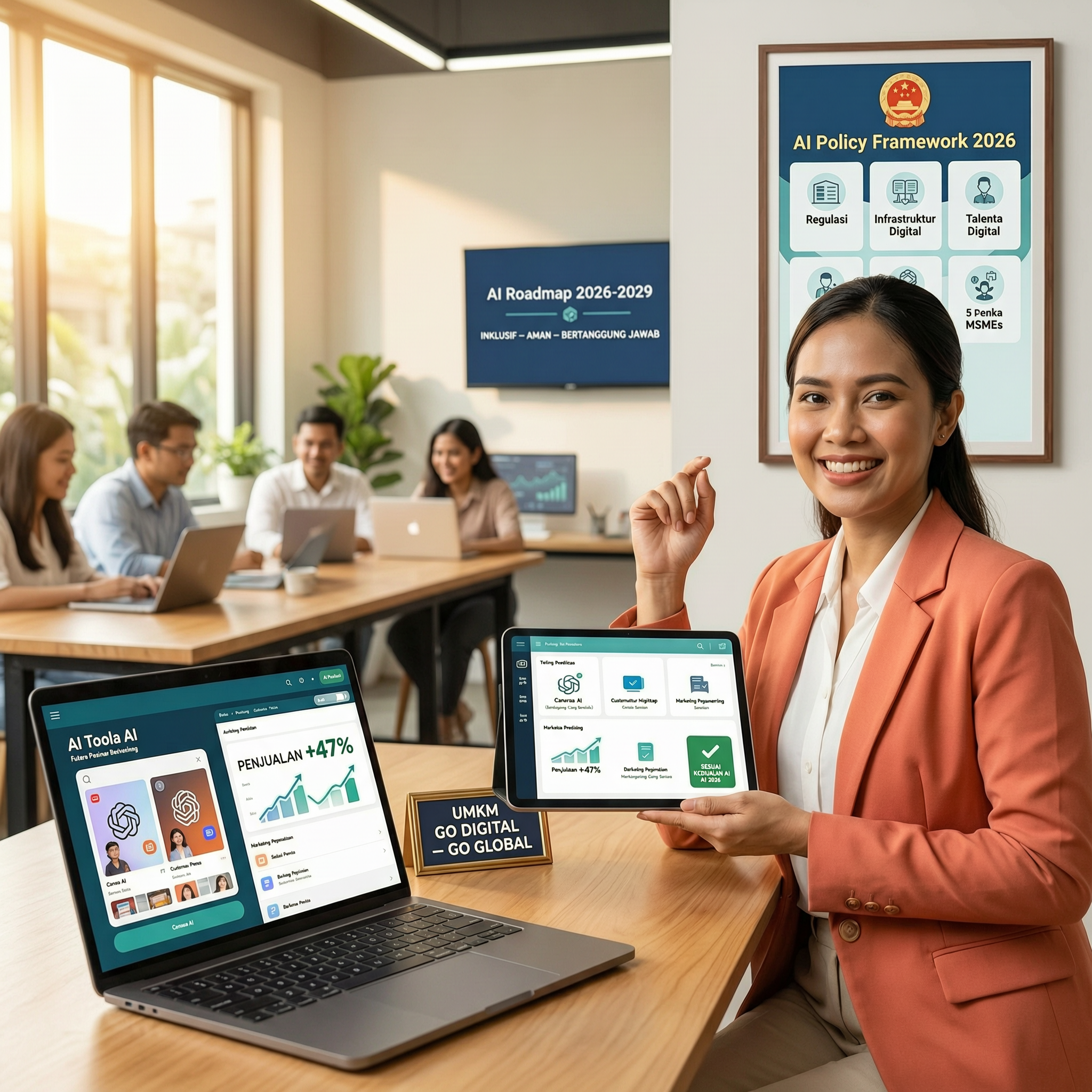 Ilustrasi UMKM Indonesia menggunakan AI dan memanfaatkan kebijakan AI Policy Framework 2026. Pengusaha wanita memegang tablet dengan dashboard AI dan badge 