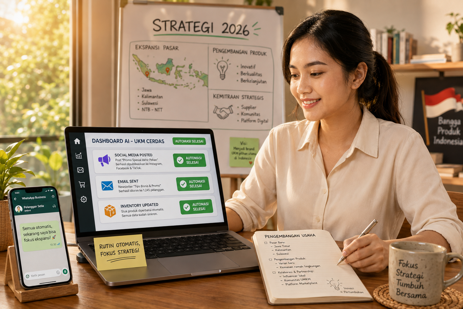 Ilustrasi pengusaha UKM Indonesia menggunakan AI untuk mengotomatisasi tugas rutin. Laptop menampilkan dashboard AI dengan badge hijau