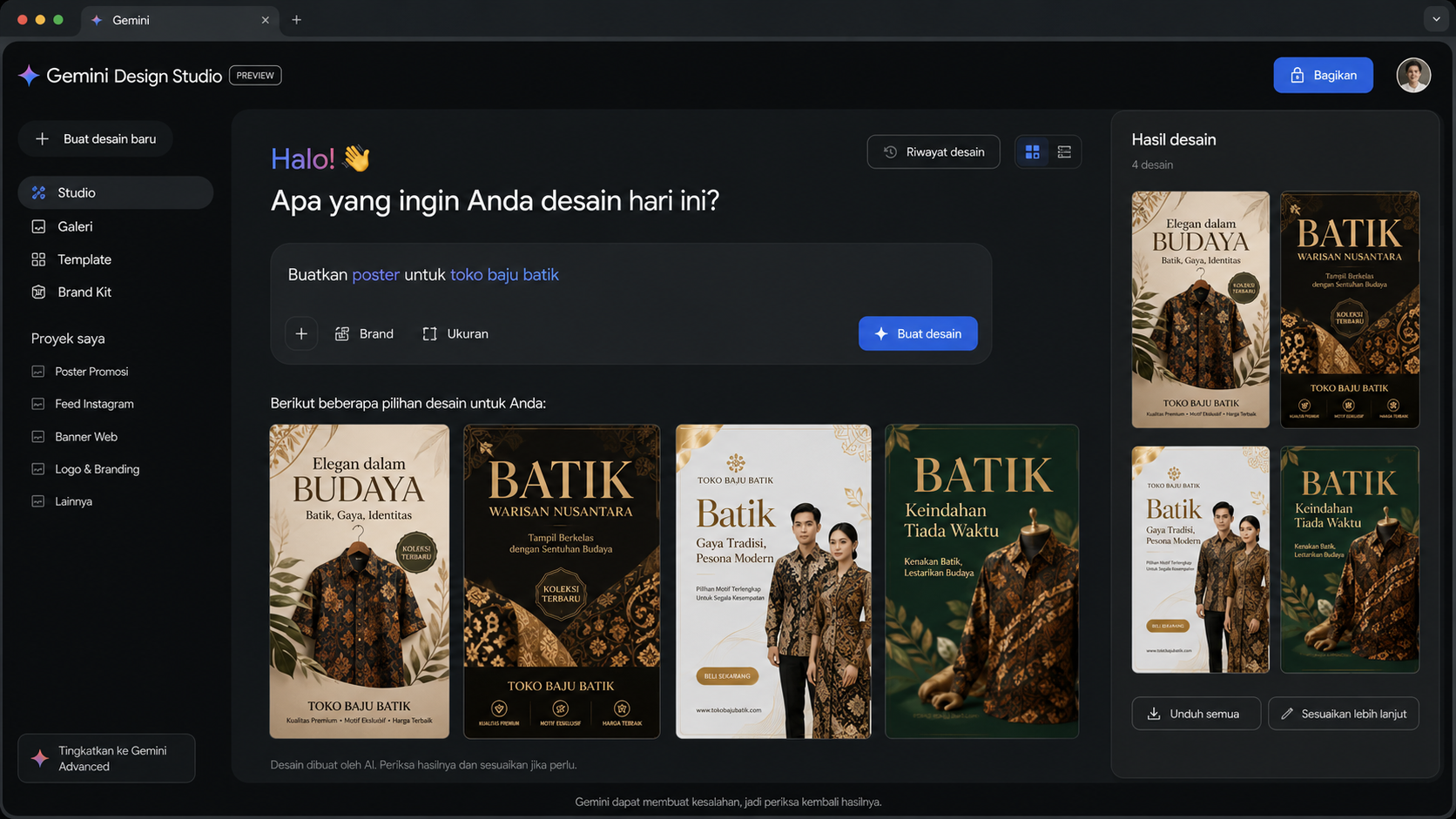 Tampilan antarmuka Gemini Design Studio dalam Bahasa Indonesia, AI bikin desain dari perintah teks.