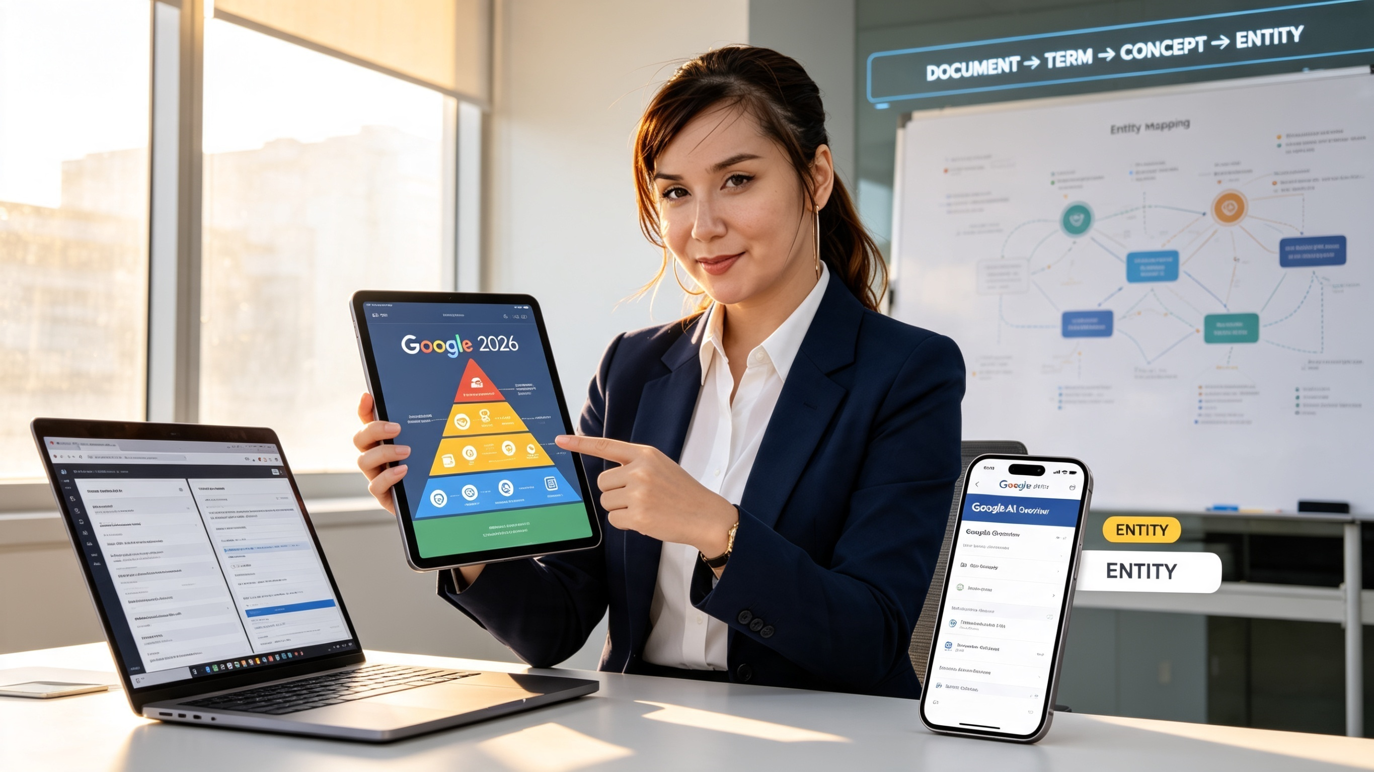 Ilustrasi arsitektur pencarian Google 2026 dengan 4 lapisan: Document Layer (Hasil Organik Klasik), Term Layer, Concept Layer, dan Entity Layer. Spesialis SEO Indonesia memegang tablet menunjukkan piramida dengan lapisan entity di puncak menampilkan Featured Snippet, Knowledge Panel, People Also Ask, dan AI Overviews. Laptop membandingkan SERP klasik dengan SERP modern yang didominasi entity. Visualisasi mengapa entity adalah kunci SEO 2026.