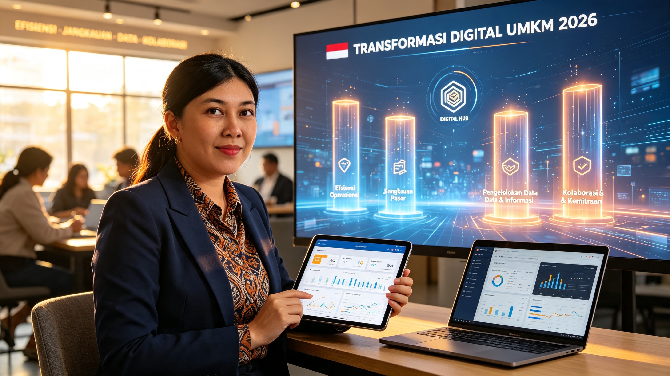 Ilustrasi 4 manfaat transformasi digital untuk UMKM. Pengusaha UMKM Indonesia berdiri di depan display digital dengan 4 pilar: Efisiensi Operasional (roda gigi), Jangkauan Pasar (jaringan global), Pengelolaan Data & Informasi (database), dan Kolaborasi & Kemitraan (jabat tangan)—terhubung dari pusat digital. Tablet dan laptop menunjukkan dashboard sebelum-sesudah transformasi. Visualisasi bagaimana transformasi digital meningkatkan efisiensi, memperluas pasar, mengoptimalkan data, dan memperkuat kolaborasi untuk UMKM.