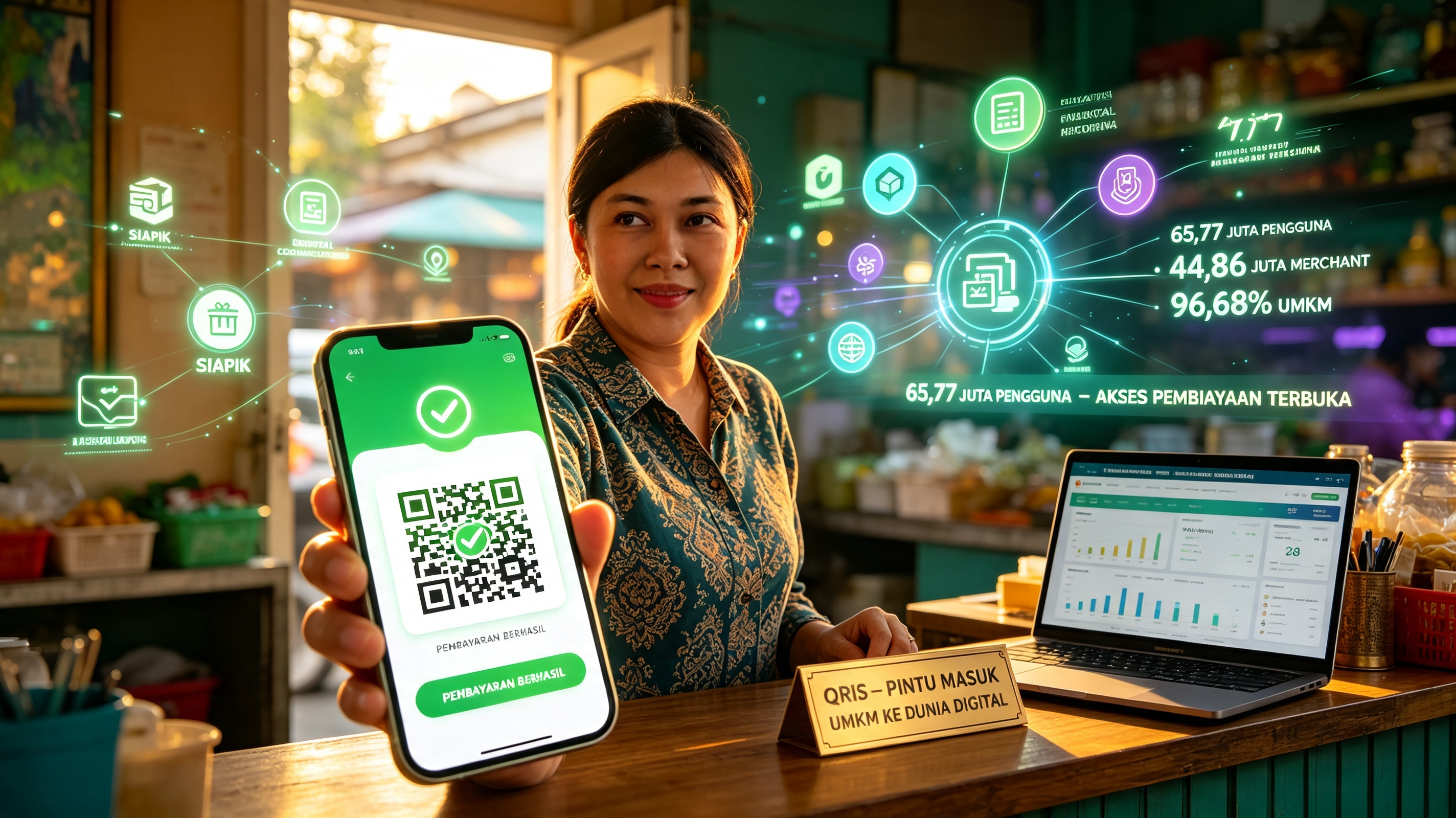 Ilustrasi QRIS sebagai pintu masuk utama UMKM ke ekosistem keuangan digital. Pemilik UMKM Indonesia memegang smartphone dengan kode QRIS dan konfirmasi pembayaran berhasil. Di latar belakang, ekosistem keuangan digital terhubung melalui QRIS—perbankan digital, e-commerce, pembiayaan, dan pencatatan keuangan (SIAPIK). Data menunjukkan 65,77 juta pengguna, 44,86 juta merchant, dan 96,68% di antaranya UMKM. Visualisasi QRIS bukan sekadar alat pembayaran, tapi entry point UMKM ke dunia keuangan digital.