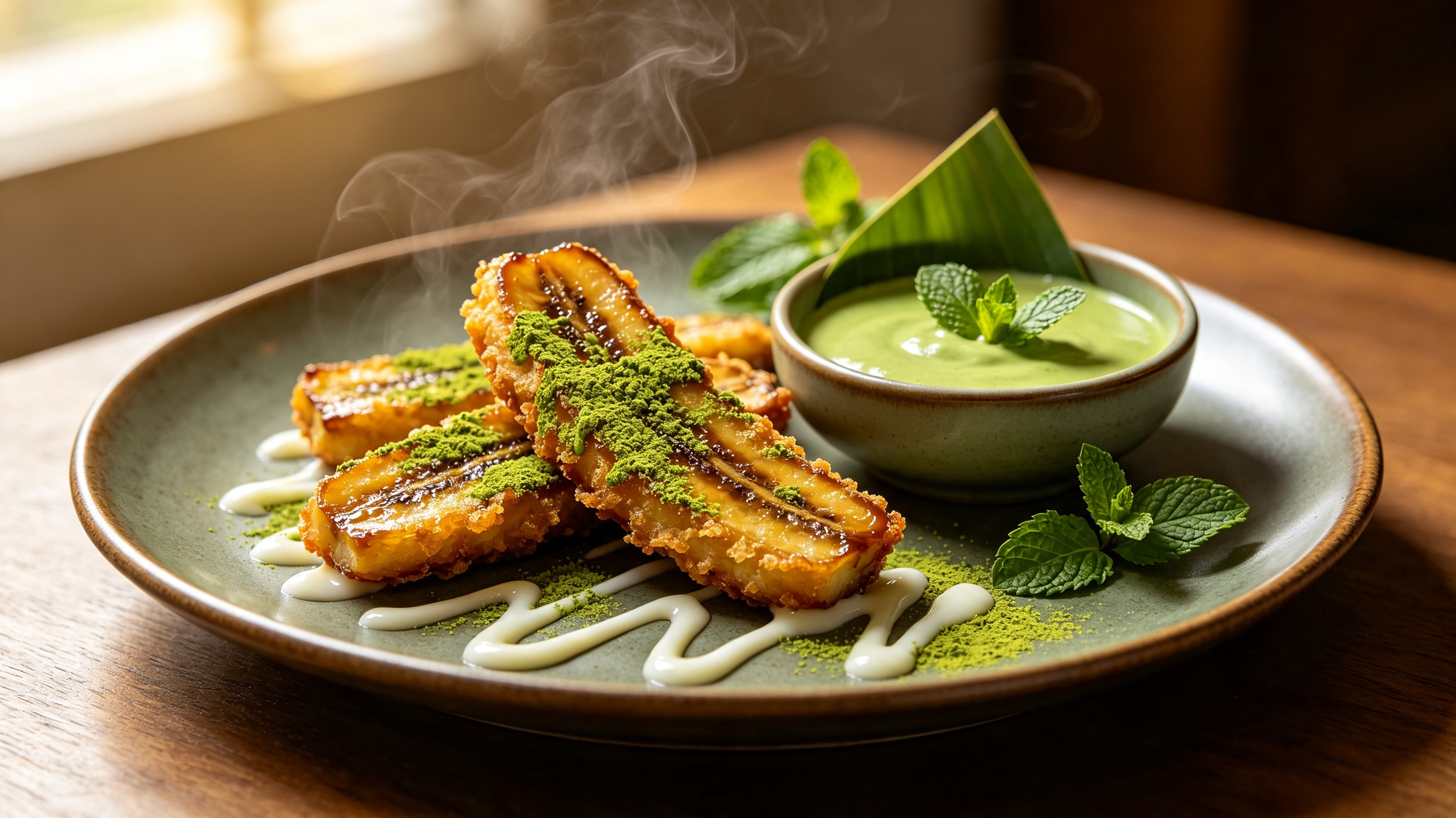 Pisang Goreng Matcha — taburan bubuk matcha