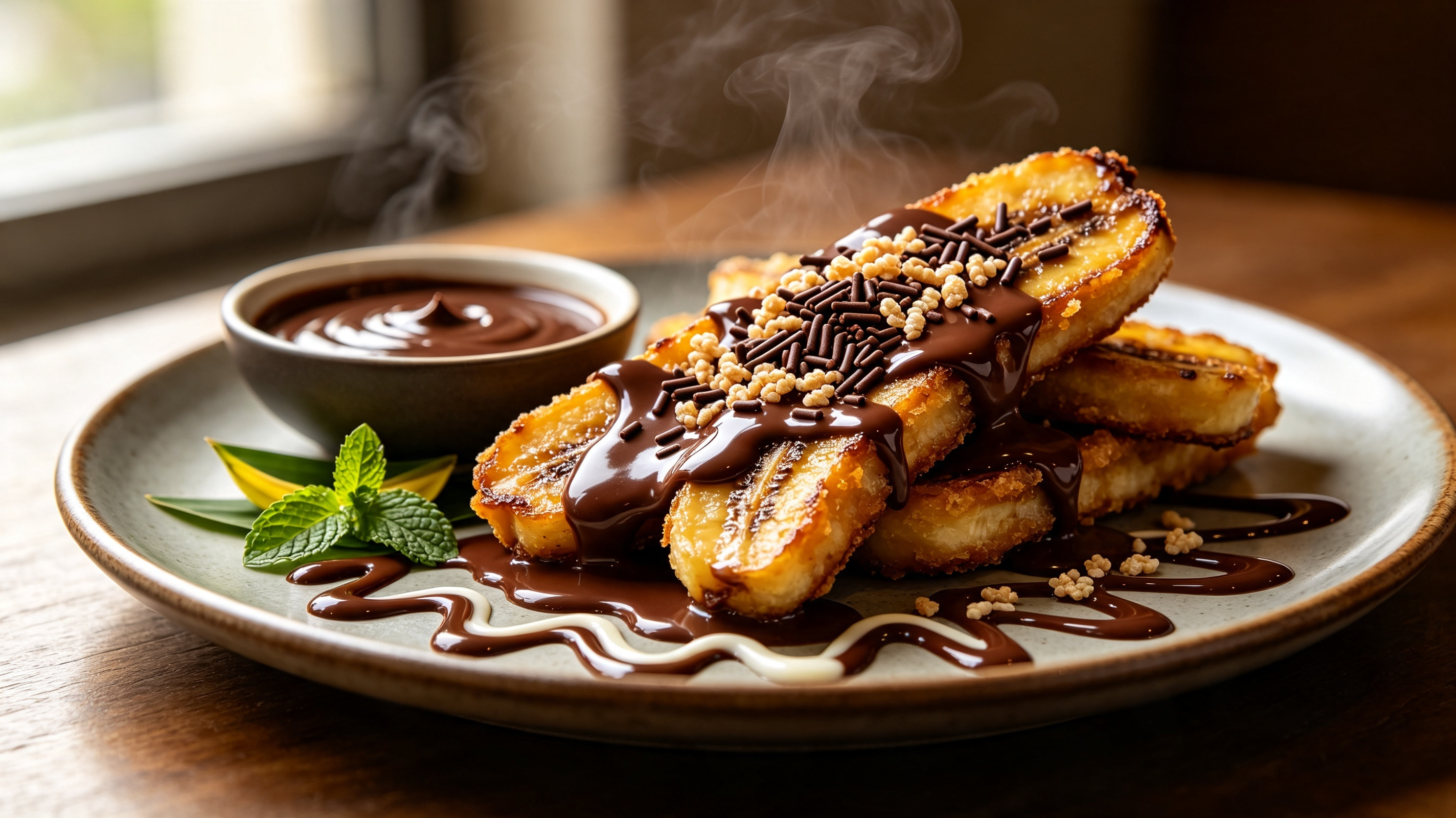 Pisang Goreng Cokelat — saus cokelat dan meses