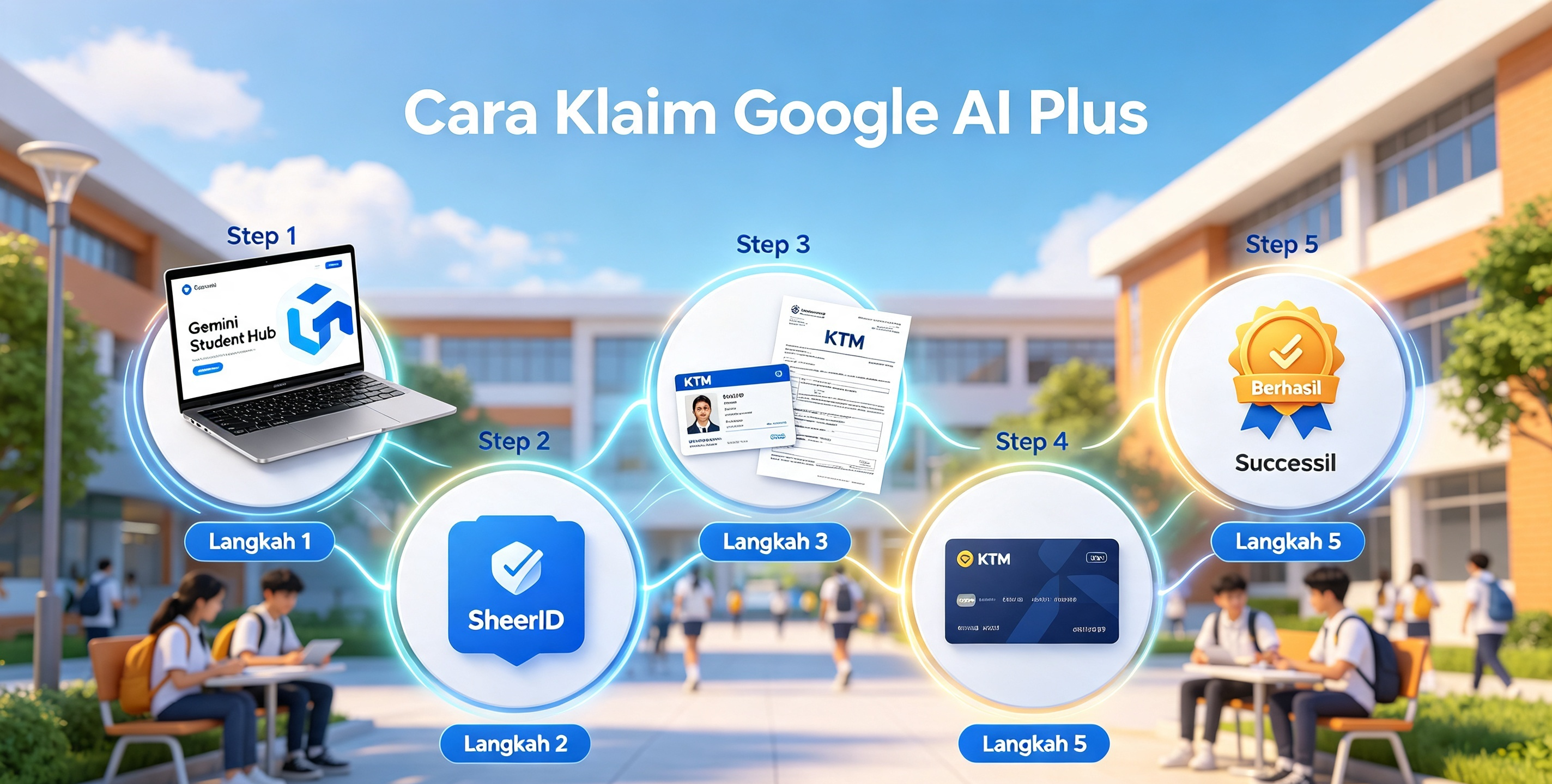 Ilustrasi 5 langkah mudah klaim Google AI Plus gratis untuk mahasiswa Indonesia.