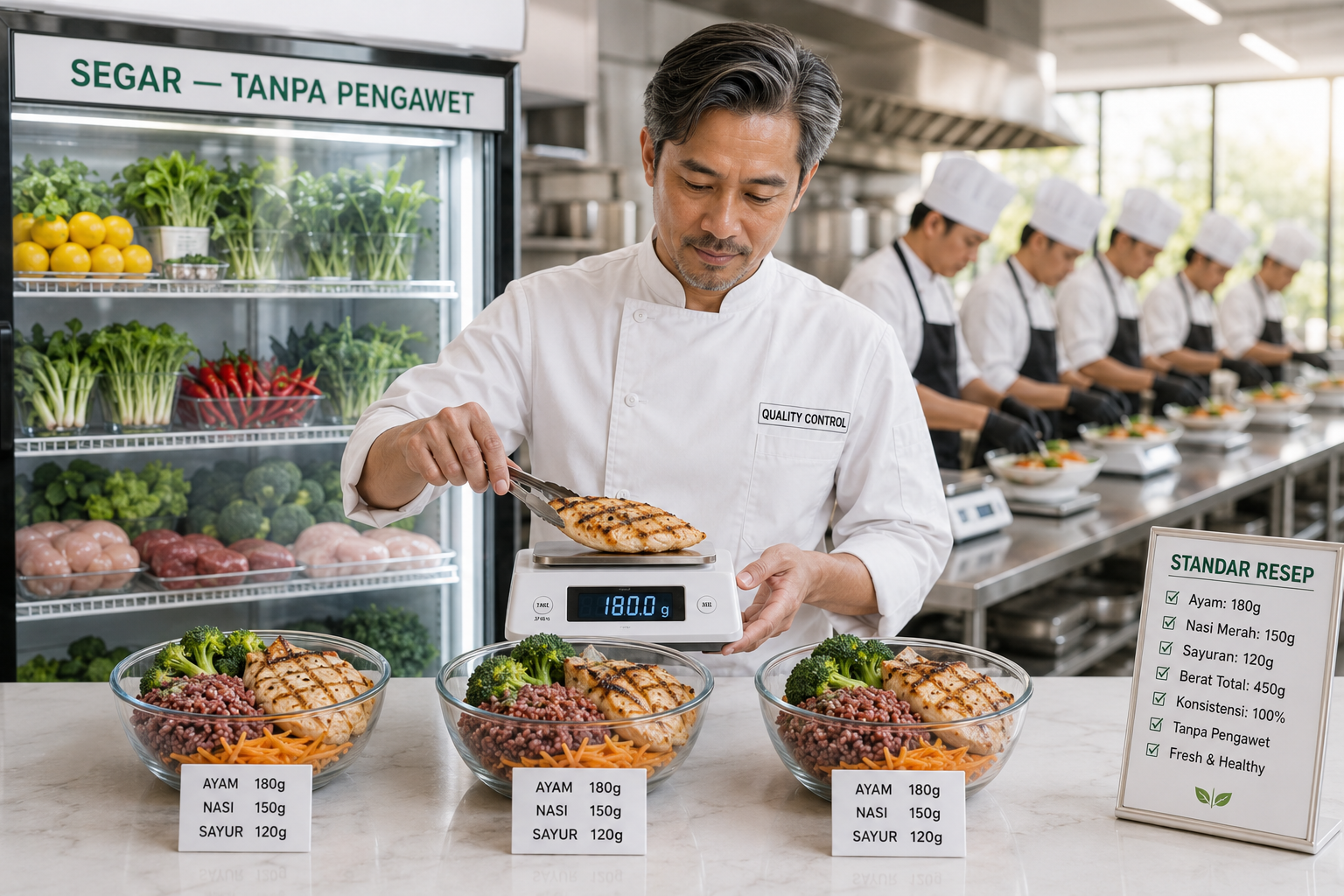 Ilustrasi quality control katering sehat dengan kepala koki menimbang ayam 180 gram, 3 mangkuk identik dengan komposisi konsisten (ayam, nasi merah, sayur), dan kulkas dengan tulisan