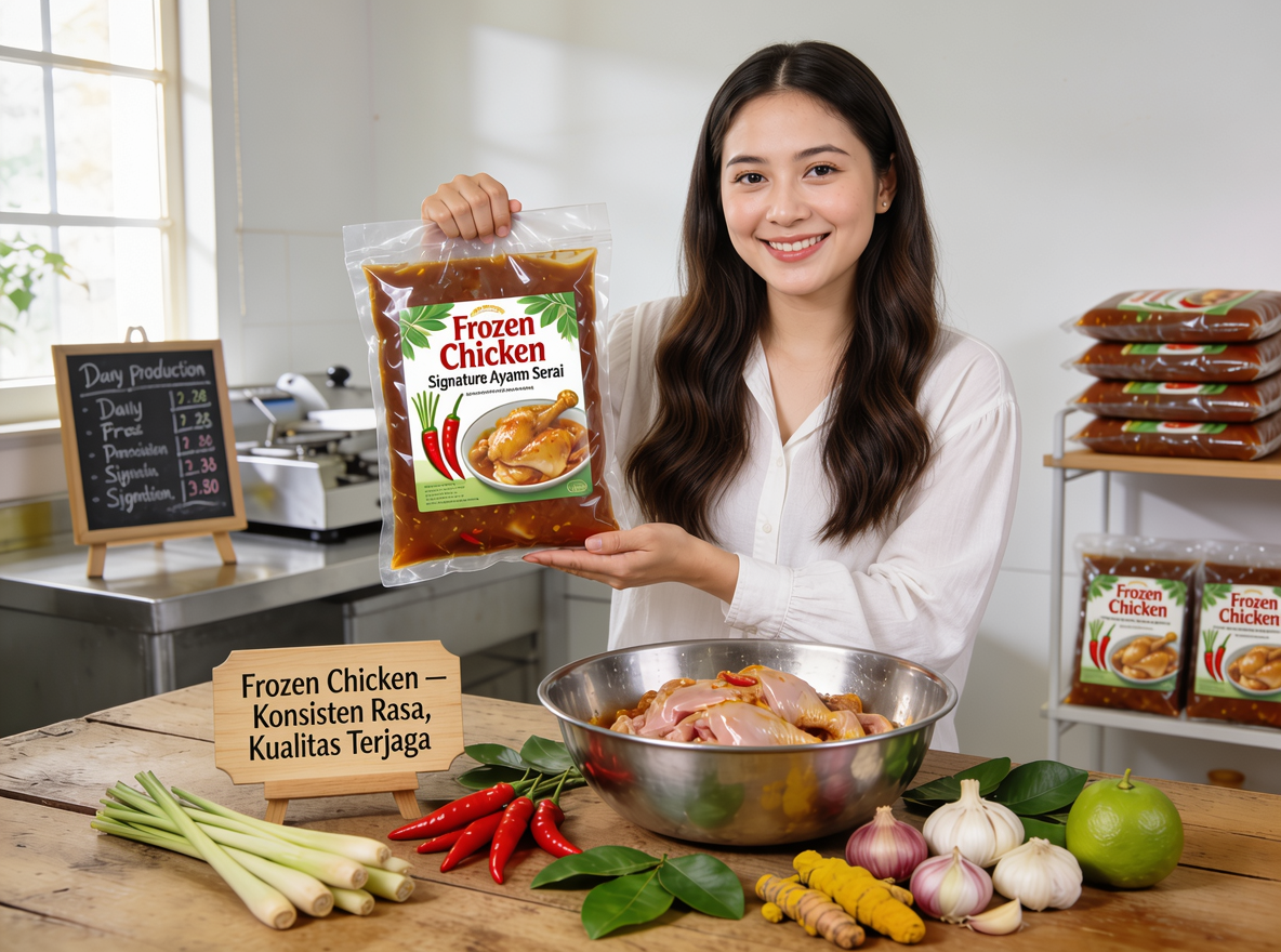 Ilustrasi strategi fokus bisnis frozen food. Pengusaha Frozen Chicken memegang produk signature ayam serai dengan bahan-bahan segar: serai, cabai, bawang, kunyit, dan daun jeruk. Hanya satu produk terlihat, menekankan pentingnya fokus pada 1-2 produk yang dikuasai sebelum ekspansi.