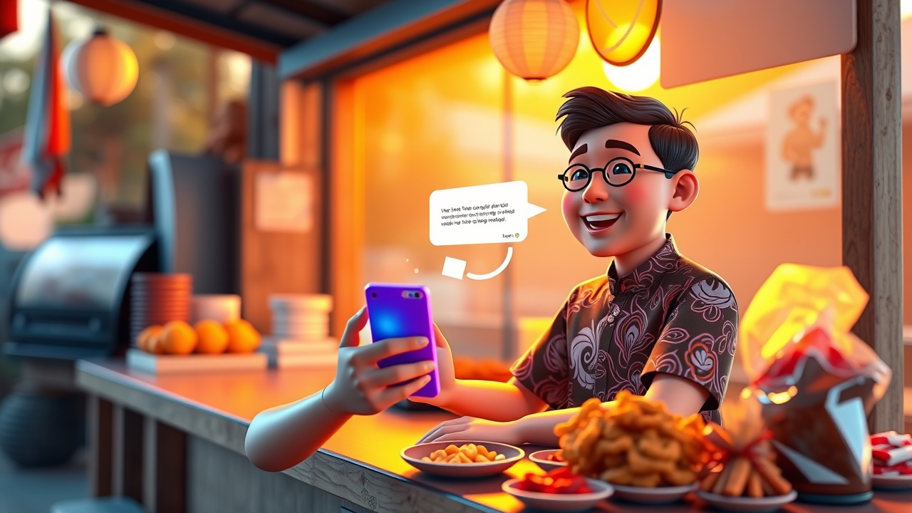 Bright and modern 3D illustration of a cheerful Indonesian small business owner (wearing modern batik shirt) sitting at a wooden warung counter, holding a glowing smartphone with a magical floating AI interface showing text bubbles, Google Gemini brand gradient colors (blue-purple), various Indonesian traditional snacks (kerupuk, gorengan) displayed on the counter, warm sunrise lighting, high tech meets local culture, digital art, 4k, ultra detailed, marketing style --ar 16:9 --v 6.0, cinematic lighting, dramatic atmosphere, film still, shallow depth of field, cute 8k toy figure, plastic collectible, studio product photo, macro detail