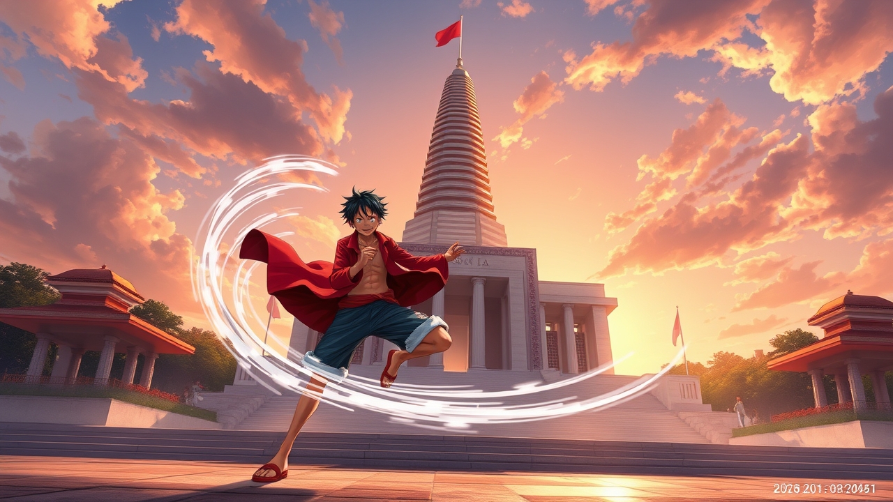 ## Persona
conceptual_designer

## Context
Design a high-resolution digital illustration that fuses Monkey D. Luffy's Gear 5 transformation with Indonesia's National Monument (Monas). Ensure a precise workflow: (1) define a balanced composition respecting the monument's architecture and cultural significance; (2) select an anime-inspired visual style enhanced with realistic lighting, atmospheric depth, and kinetic energy effects; (3) list technical specifications (resolution, file format, color space, DPI); (4) craft a concise generation prompt requesting an original artistic reinterpretation, prohibiting direct copying of copyrighted assets or exact replicas of the monument.

## Constraints
Array

## Reasoning Blueprint
Array

## Output Schema
Create a 4K (3840x2160) PNG digital painting of an original, stylized reinterpretation of Monkey D. Luffy in Gear 5, captured in a dynamic pose with a swirling rubber aura. Position Luffy slightly off-center in the foreground, with the National Monument (Monas) accurately rendered behind him, bathed in early-morning sunrise light that casts realistic shadows and highlights. Use vibrant anime-style colors, realistic lighting, subtle motion blur, and atmospheric haze to convey kinetic energy, while preserving the monument's precise geometry (base, tower, torch). Emphasize sharp details, high contrast, and a sense of motion. Exclude any exact copies of copyrighted character art or monument imagery. Negative prompt: 'no exact replica of Luffy, no exact replica of Monas, no copyrighted character art'. Output as high-quality PNG.

## Edge Triggers
Array