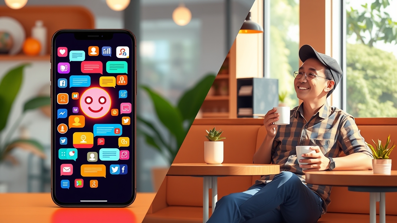Split scene illustration: Left side shows a smartphone screen with dozens of colorful chat notification bubbles being automatically checked by a glowing AI icon (robot face), right side shows a relaxed Indonesian cafe owner sitting enjoying a cup of coffee and relaxing, representing automatic customer service, bright modern interior, warm color palette, vector illustration with 3D depth, friendly and calm atmosphere, Indonesian style cafe --ar 16:9