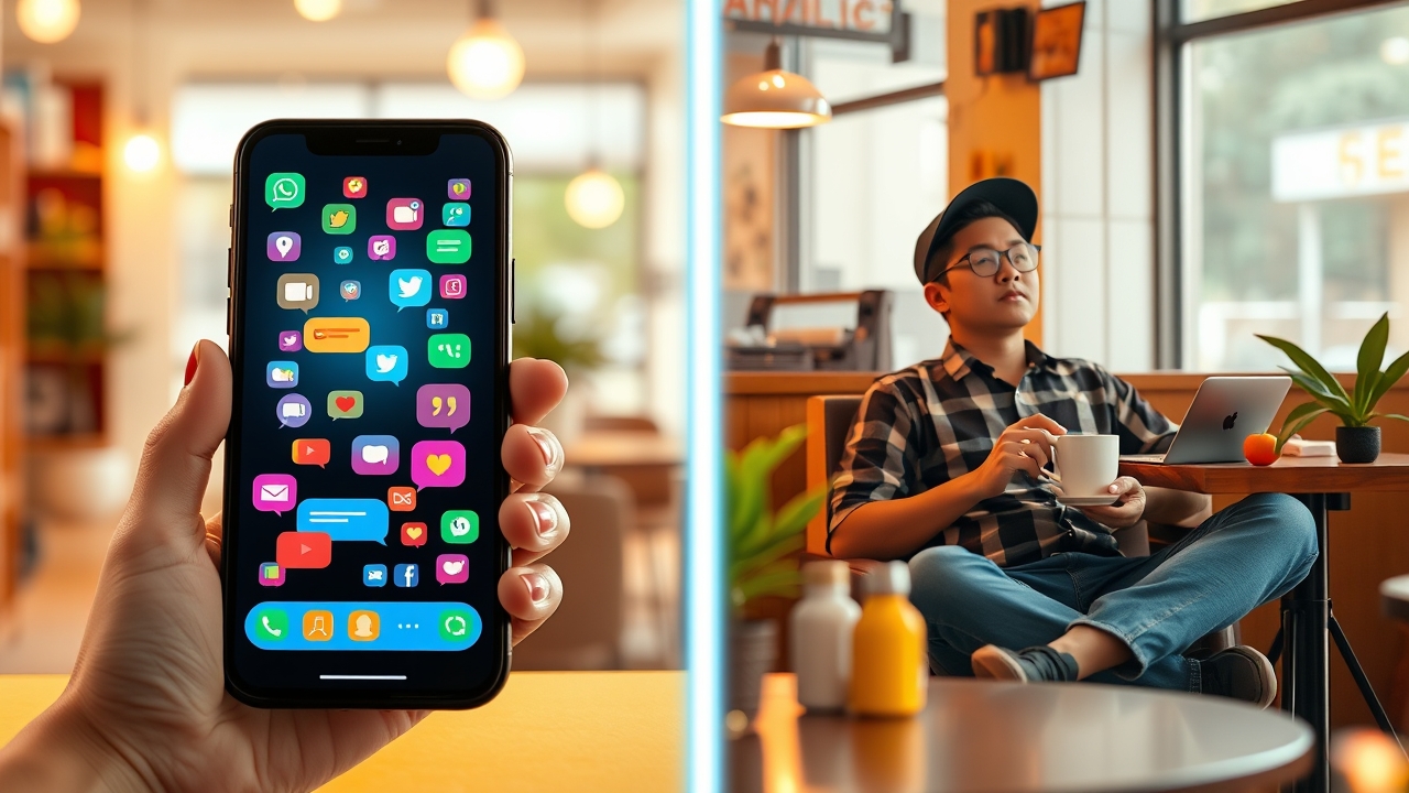 Split scene illustration: Left side shows a smartphone screen with dozens of colorful chat notification bubbles being automatically checked by a glowing AI icon (robot face), right side shows a relaxed Indonesian cafe owner sitting enjoying a cup of coffee and relaxing, representing automatic customer service, bright modern interior, warm color palette, vector illustration with 3D depth, friendly and calm atmosphere, Indonesian style cafe --ar 16:9, cinematic lighting, dramatic atmosphere, film still, shallow depth of field, cute 8k toy figure, plastic collectible, studio product photo, macro detail