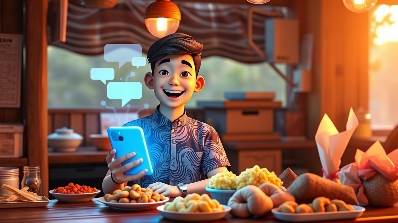 Bright and modern 3D illustration of a cheerful Indonesian small business owner (wearing modern batik shirt) sitting at a wooden warung counter, holding a glowing smartphone with a magical floating AI interface showing text bubbles, Google Gemini brand gradient colors (blue-purple), various Indonesian traditional snacks (kerupuk, gorengan) displayed on the counter, warm sunrise lighting, high tech meets local culture, digital art, 4k, ultra detailed, marketing style --ar 16:9 --v 6.0