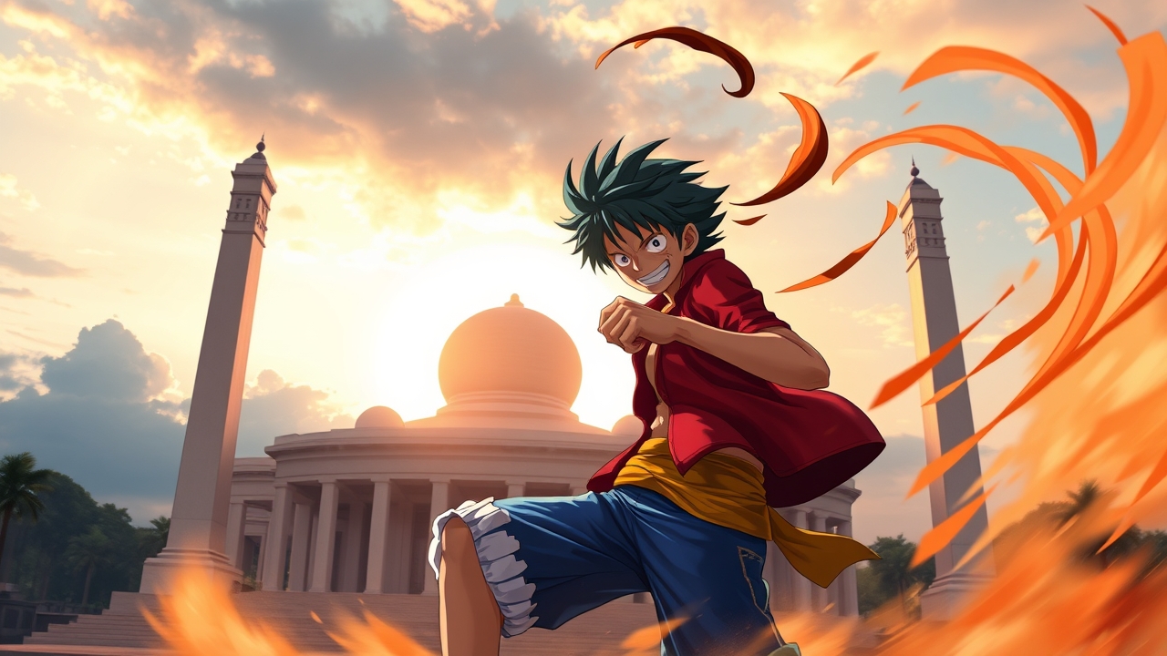 ## Persona
conceptual_designer

## Context
Design a high-resolution digital illustration that fuses Monkey D. Luffy's Gear 5 transformation with Indonesia's National Monument (Monas). Ensure a precise workflow: (1) define a balanced composition respecting the monument's architecture and cultural significance; (2) select an anime-inspired visual style enhanced with realistic lighting, atmospheric depth, and kinetic energy effects; (3) list technical specifications (resolution, file format, color space, DPI); (4) craft a concise generation prompt requesting an original artistic reinterpretation, prohibiting direct copying of copyrighted assets or exact replicas of the monument.

## Constraints
Array

## Reasoning Blueprint
Array

## Output Schema
Create a 4K (3840x2160) PNG digital painting of an original, stylized reinterpretation of Monkey D. Luffy in Gear 5, captured in a dynamic pose with a swirling rubber aura. Position Luffy slightly off-center in the foreground, with the National Monument (Monas) accurately rendered behind him, bathed in early-morning sunrise light that casts realistic shadows and highlights. Use vibrant anime-style colors, realistic lighting, subtle motion blur, and atmospheric haze to convey kinetic energy, while preserving the monument's precise geometry (base, tower, torch). Emphasize sharp details, high contrast, and a sense of motion. Exclude any exact copies of copyrighted character art or monument imagery. Negative prompt: 'no exact replica of Luffy, no exact replica of Monas, no copyrighted character art'. Output as high-quality PNG.

## Edge Triggers
Array, cute 8k toy figure, plastic collectible, studio product photo, macro detail, cyberpunk style, neon lights, futuristic city night, high contrast, cinematic lighting, dramatic atmosphere, film still, shallow depth of field