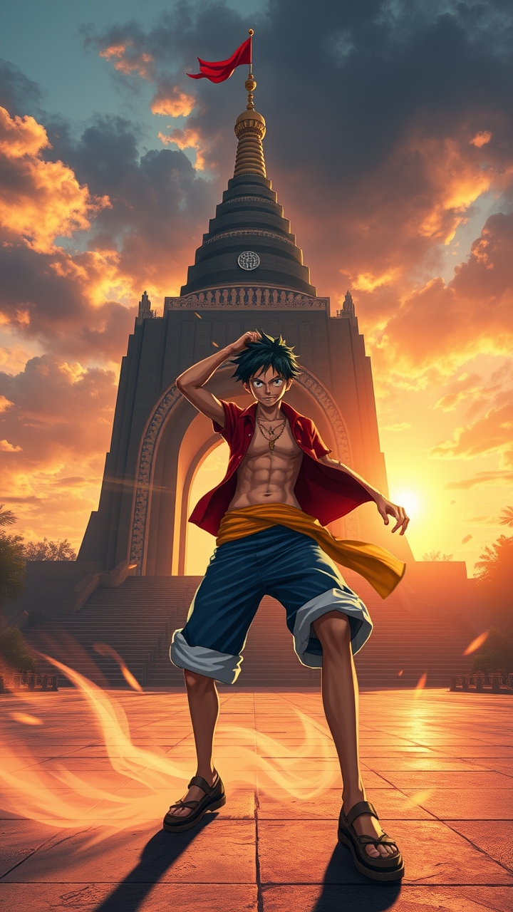 ## Persona
conceptual_designer

## Context
Design a high-resolution digital illustration that fuses Monkey D. Luffy's Gear 5 transformation with Indonesia's National Monument (Monas). Ensure a precise workflow: (1) define a balanced composition respecting the monument's architecture and cultural significance; (2) select an anime-inspired visual style enhanced with realistic lighting, atmospheric depth, and kinetic energy effects; (3) list technical specifications (resolution, file format, color space, DPI); (4) craft a concise generation prompt requesting an original artistic reinterpretation, prohibiting direct copying of copyrighted assets or exact replicas of the monument.

## Constraints
Array

## Reasoning Blueprint
Array

## Output Schema
Create a 4K (3840x2160) PNG digital painting of an original, stylized reinterpretation of Monkey D. Luffy in Gear 5, captured in a dynamic pose with a swirling rubber aura. Position Luffy slightly off-center in the foreground, with the National Monument (Monas) accurately rendered behind him, bathed in early-morning sunrise light that casts realistic shadows and highlights. Use vibrant anime-style colors, realistic lighting, subtle motion blur, and atmospheric haze to convey kinetic energy, while preserving the monument's precise geometry (base, tower, torch). Emphasize sharp details, high contrast, and a sense of motion. Exclude any exact copies of copyrighted character art or monument imagery. Negative prompt: 'no exact replica of Luffy, no exact replica of Monas, no copyrighted character art'. Output as high-quality PNG.

## Edge Triggers
Array, cute 8k toy figure, plastic collectible, studio product photo, macro detail, cyberpunk style, neon lights, futuristic city night, high contrast, cinematic lighting, dramatic atmosphere, film still, shallow depth of field