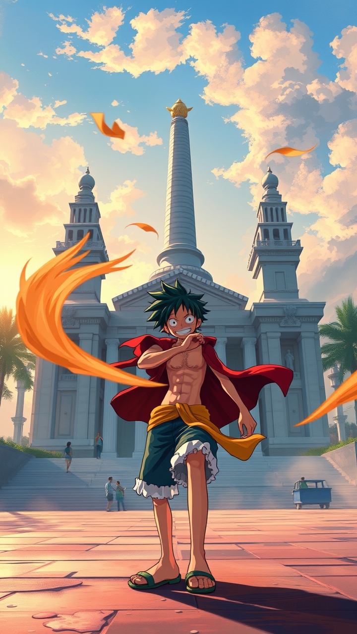 ## Persona
conceptual_designer

## Context
Design a high-resolution digital illustration that fuses Monkey D. Luffy's Gear 5 transformation with Indonesia's National Monument (Monas). Ensure a precise workflow: (1) define a balanced composition respecting the monument's architecture and cultural significance; (2) select an anime-inspired visual style enhanced with realistic lighting, atmospheric depth, and kinetic energy effects; (3) list technical specifications (resolution, file format, color space, DPI); (4) craft a concise generation prompt requesting an original artistic reinterpretation, prohibiting direct copying of copyrighted assets or exact replicas of the monument.

## Constraints
Array

## Reasoning Blueprint
Array

## Output Schema
Create a 4K (3840x2160) PNG digital painting of an original, stylized reinterpretation of Monkey D. Luffy in Gear 5, captured in a dynamic pose with a swirling rubber aura. Position Luffy slightly off-center in the foreground, with the National Monument (Monas) accurately rendered behind him, bathed in early-morning sunrise light that casts realistic shadows and highlights. Use vibrant anime-style colors, realistic lighting, subtle motion blur, and atmospheric haze to convey kinetic energy, while preserving the monument's precise geometry (base, tower, torch). Emphasize sharp details, high contrast, and a sense of motion. Exclude any exact copies of copyrighted character art or monument imagery. Negative prompt: 'no exact replica of Luffy, no exact replica of Monas, no copyrighted character art'. Output as high-quality PNG.

## Edge Triggers
Array, cute 8k toy figure, plastic collectible, studio product photo, macro detail, cyberpunk style, neon lights, futuristic city night, high contrast, cinematic lighting, dramatic atmosphere, film still, shallow depth of field