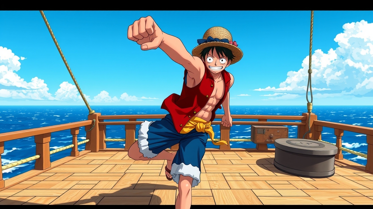 ## Persona
Senior Concept Artist / Anime Illustrator

## Context
Construct a visually striking prompt for Monkey D. Luffy, emphasizing dynamic action, vibrant shonen aesthetics, and high-fidelity rendering for an AI image generator.

## Constraints
Subject: Monkey D. Luffy. Pose: Dynamic stretching punch (Gum-Gum Pistol). Attire: Straw hat (no logo), red vest, blue shorts, sandals. Setting: Wooden ship deck, ocean horizon, clear sky. Style: High-quality shonen anime, cel-shaded, vibrant colors, sharp linework. Lighting: Bright daylight with rim lighting. Negative: Text, logos, watermarks, blurry details, realistic skin texture.

## Reasoning Blueprint
1. Identify Subject: Monkey D. Luffy. 2. Define Action: Elongated arm thrust forward to visualize the 'Gum-Gum' ability. 3. Detail Attire: Specify straw hat, red vest, blue shorts, sandals for accuracy. 4. Set Scene: Wooden deck and ocean to establish the pirate setting. 5. Style: Use 'shonen anime' and 'cel-shaded' to target the specific visual language of the source material. 6. Lighting: Bright daylight with rim light to separate subject from background. 7. Synthesize: Combine into a dense, descriptive prompt optimized for visual fidelity.

## Output Schema
Monkey D. Luffy executing a powerful Gum-Gum pistol punch, elongated arm thrust forward, wearing a straw hat, red vest, blue shorts, and sandals, determined expression, standing on a wooden ship deck with ocean background, vibrant shonen anime style, cel-shaded, crisp outlines, saturated colors, dramatic lighting, 8k resolution, no text, no logos.

## Edge Triggers
If the straw hat displays a smiley face or text, render it as a plain straw texture. If the deck shows a ship name, replace with wood grain., cute 8k toy figure, plastic collectible, studio product photo, macro detail, cinematic lighting, dramatic atmosphere, film still, shallow depth of field