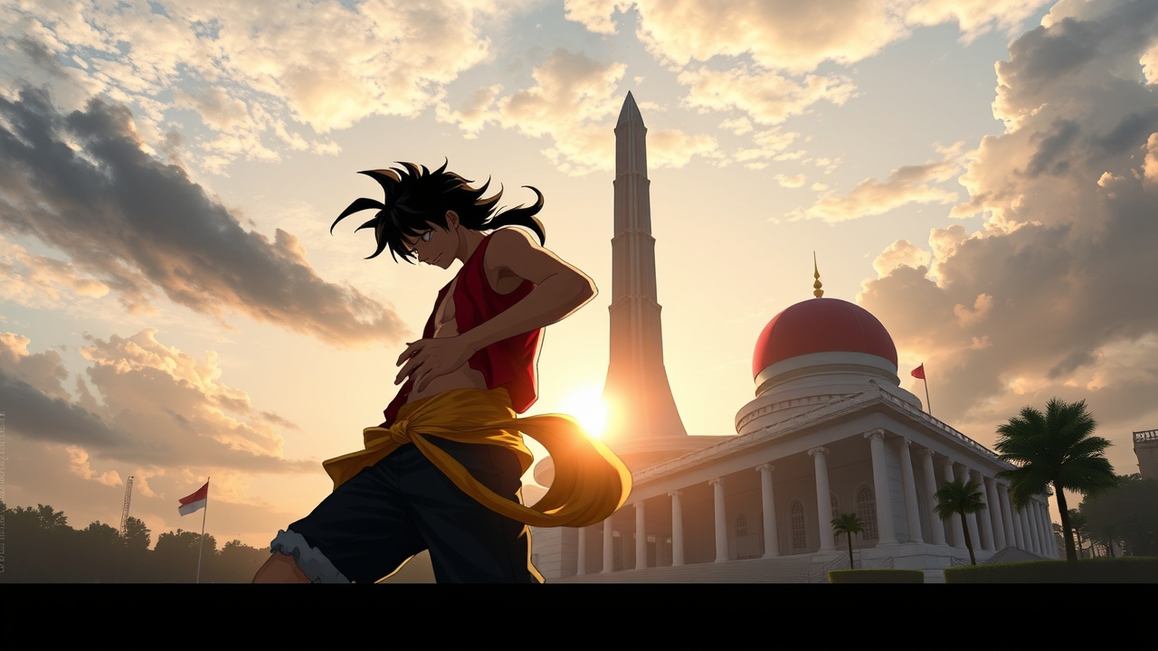 ## Persona
conceptual_designer

## Context
Design a high-resolution digital illustration that fuses Monkey D. Luffy's Gear 5 transformation with Indonesia's National Monument (Monas). Ensure a precise workflow: (1) define a balanced composition respecting the monument's architecture and cultural significance; (2) select an anime-inspired visual style enhanced with realistic lighting, atmospheric depth, and kinetic energy effects; (3) list technical specifications (resolution, file format, color space, DPI); (4) craft a concise generation prompt requesting an original artistic reinterpretation, prohibiting direct copying of copyrighted assets or exact replicas of the monument.

## Constraints
Array

## Reasoning Blueprint
Array

## Output Schema
Create a 4K (3840x2160) PNG digital painting of an original, stylized reinterpretation of Monkey D. Luffy in Gear 5, captured in a dynamic pose with a swirling rubber aura. Position Luffy slightly off-center in the foreground, with the National Monument (Monas) accurately rendered behind him, bathed in early-morning sunrise light that casts realistic shadows and highlights. Use vibrant anime-style colors, realistic lighting, subtle motion blur, and atmospheric haze to convey kinetic energy, while preserving the monument's precise geometry (base, tower, torch). Emphasize sharp details, high contrast, and a sense of motion. Exclude any exact copies of copyrighted character art or monument imagery. Negative prompt: 'no exact replica of Luffy, no exact replica of Monas, no copyrighted character art'. Output as high-quality PNG.

## Edge Triggers
Array, cute 8k toy figure, plastic collectible, studio product photo, macro detail, cyberpunk style, neon lights, futuristic city night, high contrast