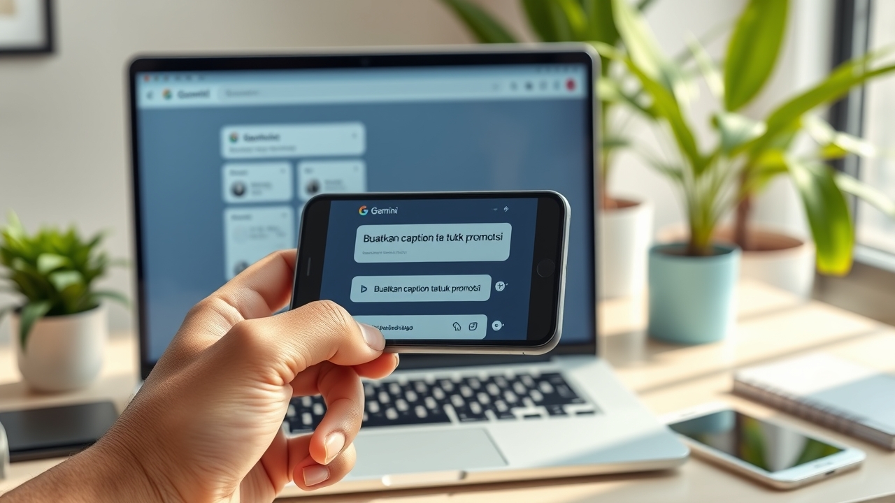 Close-up realistic digital illustration of an Indonesian person's hands holding a smartphone in front of a laptop, screen displaying the Google Gemini chat interface with Indonesian text 'Buatkan caption untuk promosi', bright home office background with some tropical plants, sharp focus, modern tech lifestyle, 8k, photorealistic, 3D render style --ar 16:9