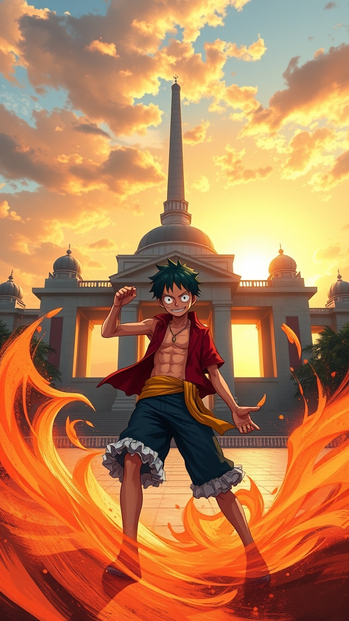 ## Persona
conceptual_designer

## Context
Design a high-resolution digital illustration that fuses Monkey D. Luffy's Gear 5 transformation with Indonesia's National Monument (Monas). Ensure a precise workflow: (1) define a balanced composition respecting the monument's architecture and cultural significance; (2) select an anime-inspired visual style enhanced with realistic lighting, atmospheric depth, and kinetic energy effects; (3) list technical specifications (resolution, file format, color space, DPI); (4) craft a concise generation prompt requesting an original artistic reinterpretation, prohibiting direct copying of copyrighted assets or exact replicas of the monument.

## Constraints
Array

## Reasoning Blueprint
Array

## Output Schema
Create a 4K (3840x2160) PNG digital painting of an original, stylized reinterpretation of Monkey D. Luffy in Gear 5, captured in a dynamic pose with a swirling rubber aura. Position Luffy slightly off-center in the foreground, with the National Monument (Monas) accurately rendered behind him, bathed in early-morning sunrise light that casts realistic shadows and highlights. Use vibrant anime-style colors, realistic lighting, subtle motion blur, and atmospheric haze to convey kinetic energy, while preserving the monument's precise geometry (base, tower, torch). Emphasize sharp details, high contrast, and a sense of motion. Exclude any exact copies of copyrighted character art or monument imagery. Negative prompt: 'no exact replica of Luffy, no exact replica of Monas, no copyrighted character art'. Output as high-quality PNG.

## Edge Triggers
Array, cute 8k toy figure, plastic collectible, studio product photo, macro detail, cyberpunk style, neon lights, futuristic city night, high contrast, cinematic lighting, dramatic atmosphere, film still, shallow depth of field