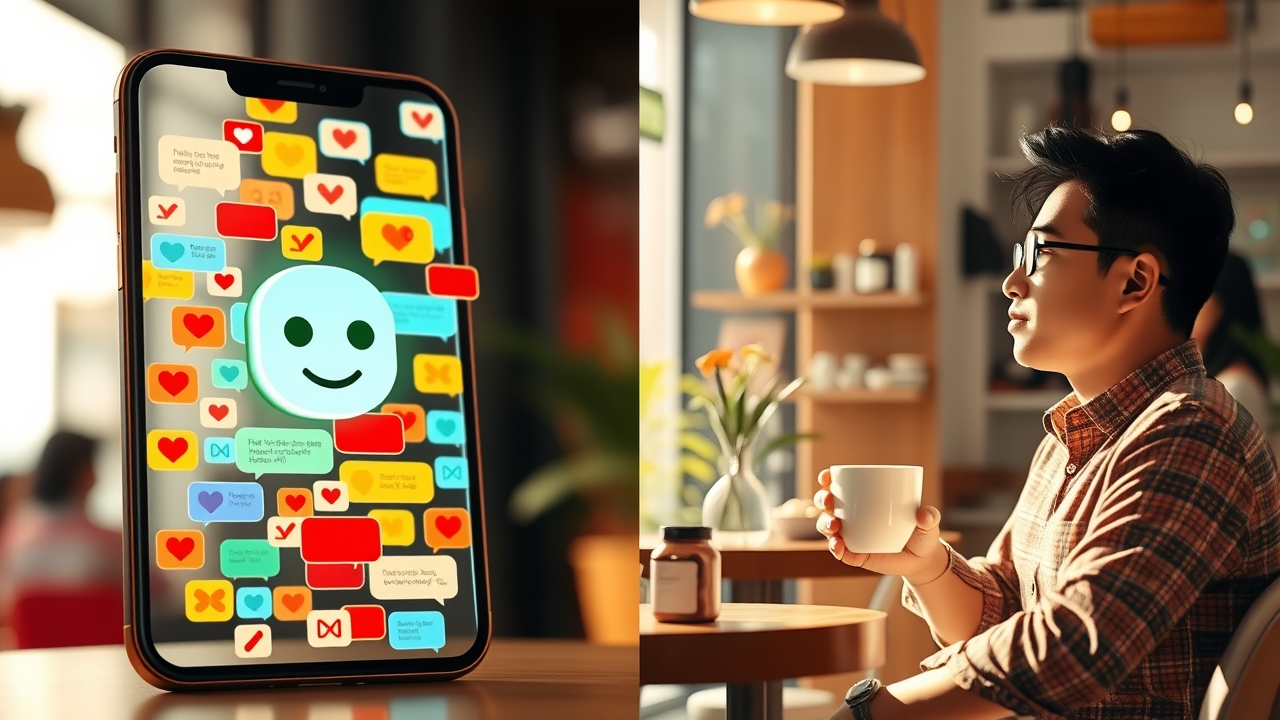 Split scene illustration: Left side shows a smartphone screen with dozens of colorful chat notification bubbles being automatically checked by a glowing AI icon (robot face), right side shows a relaxed Indonesian cafe owner sitting enjoying a cup of coffee and relaxing, representing automatic customer service, bright modern interior, warm color palette, vector illustration with 3D depth, friendly and calm atmosphere, Indonesian style cafe --ar 16:9, cinematic lighting, dramatic atmosphere, film still, shallow depth of field