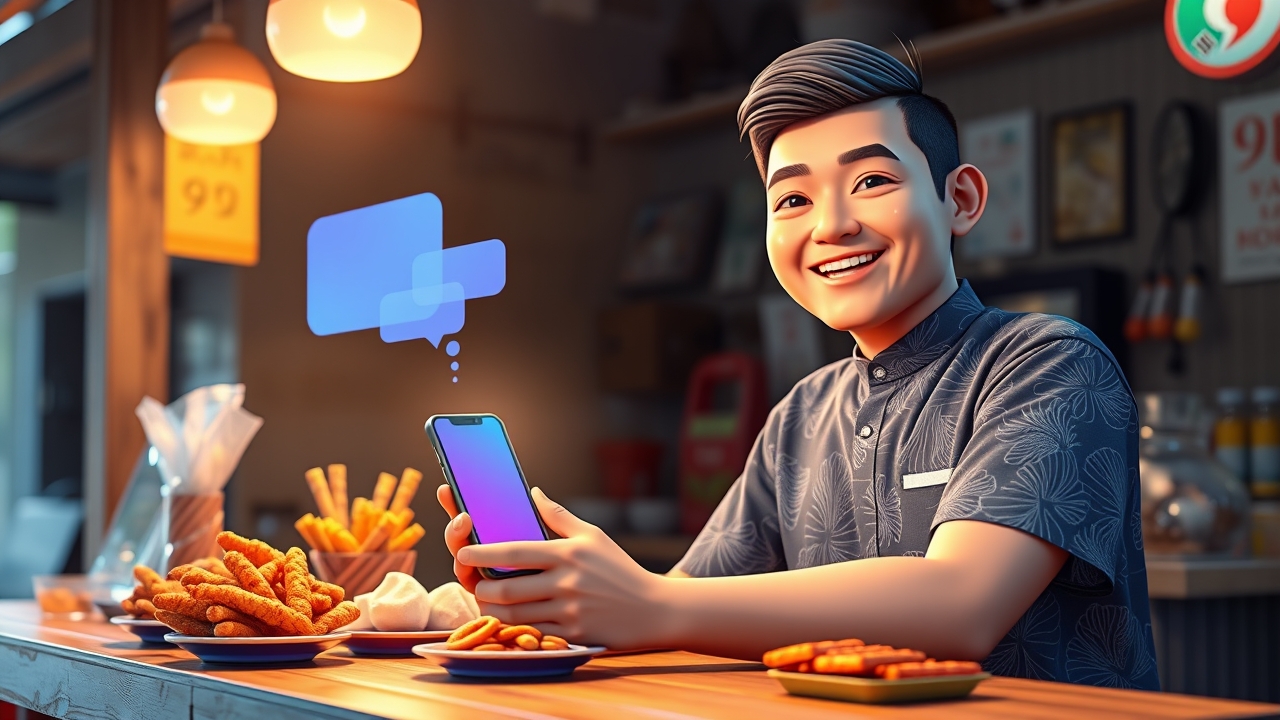 Bright and modern 3D illustration of a cheerful Indonesian small business owner (wearing modern batik shirt) sitting at a wooden warung counter, holding a glowing smartphone with a magical floating AI interface showing text bubbles, Google Gemini brand gradient colors (blue-purple), various Indonesian traditional snacks (kerupuk, gorengan) displayed on the counter, warm sunrise lighting, high tech meets local culture, digital art, 4k, ultra detailed, marketing style --ar 16:9 --v 6.0, cinematic lighting, dramatic atmosphere, film still, shallow depth of field