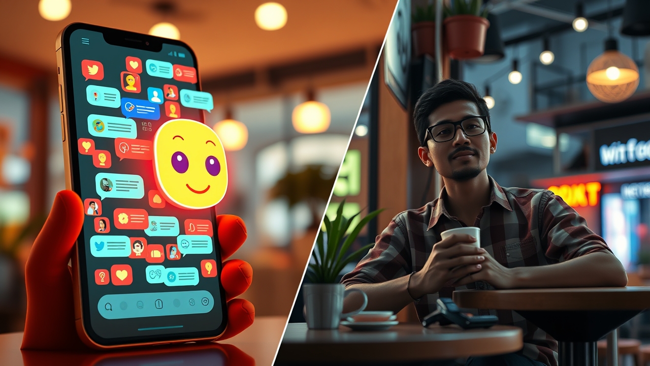 Split scene illustration: Left side shows a smartphone screen with dozens of colorful chat notification bubbles being automatically checked by a glowing AI icon (robot face), right side shows a relaxed Indonesian cafe owner sitting enjoying a cup of coffee and relaxing, representing automatic customer service, bright modern interior, warm color palette, vector illustration with 3D depth, friendly and calm atmosphere, Indonesian style cafe --ar 16:9, cinematic lighting, dramatic atmosphere, film still, shallow depth of field, cute 8k toy figure, plastic collectible, studio product photo, macro detail, cyberpunk style, neon lights, futuristic city night, high contrast