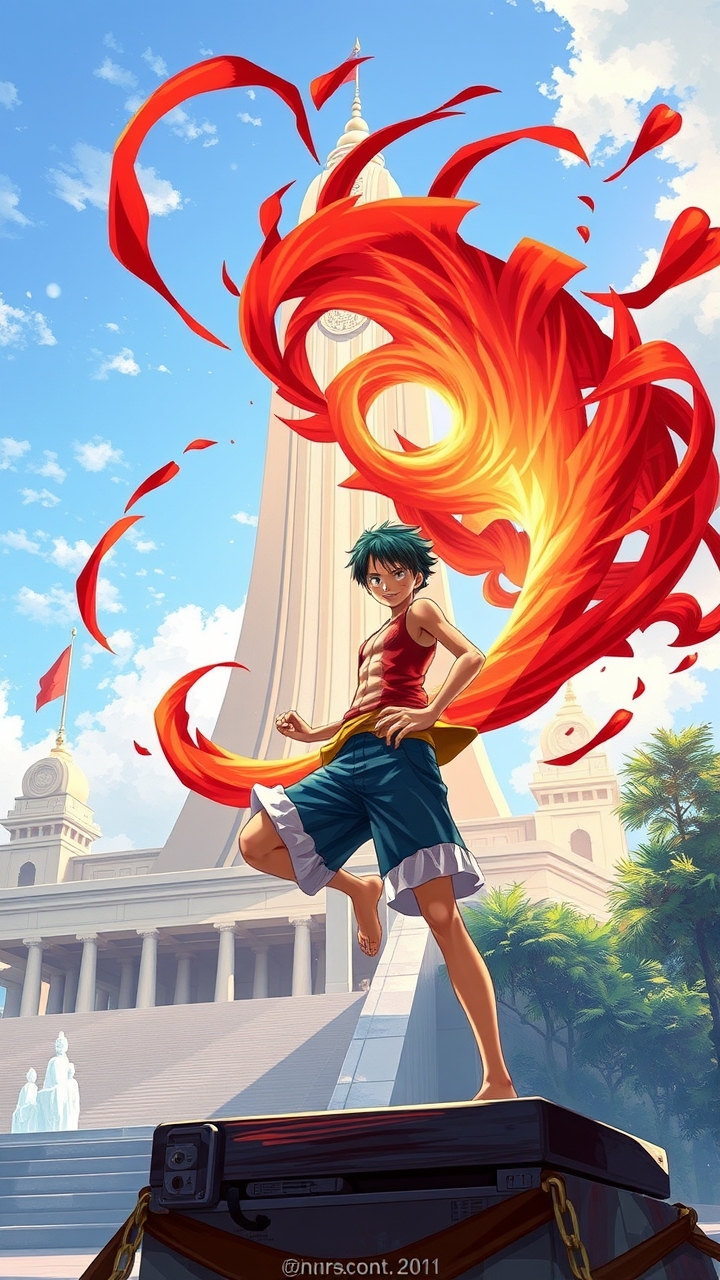 ## Persona
conceptual_designer

## Context
Design a high-resolution digital illustration that fuses Monkey D. Luffy's Gear 5 transformation with Indonesia's National Monument (Monas). Ensure a precise workflow: (1) define a balanced composition respecting the monument's architecture and cultural significance; (2) select an anime-inspired visual style enhanced with realistic lighting, atmospheric depth, and kinetic energy effects; (3) list technical specifications (resolution, file format, color space, DPI); (4) craft a concise generation prompt requesting an original artistic reinterpretation, prohibiting direct copying of copyrighted assets or exact replicas of the monument.

## Constraints
Array

## Reasoning Blueprint
Array

## Output Schema
Create a 4K (3840x2160) PNG digital painting of an original, stylized reinterpretation of Monkey D. Luffy in Gear 5, captured in a dynamic pose with a swirling rubber aura. Position Luffy slightly off-center in the foreground, with the National Monument (Monas) accurately rendered behind him, bathed in early-morning sunrise light that casts realistic shadows and highlights. Use vibrant anime-style colors, realistic lighting, subtle motion blur, and atmospheric haze to convey kinetic energy, while preserving the monument's precise geometry (base, tower, torch). Emphasize sharp details, high contrast, and a sense of motion. Exclude any exact copies of copyrighted character art or monument imagery. Negative prompt: 'no exact replica of Luffy, no exact replica of Monas, no copyrighted character art'. Output as high-quality PNG.

## Edge Triggers
Array, cute 8k toy figure, plastic collectible, studio product photo, macro detail, cyberpunk style, neon lights, futuristic city night, high contrast, cinematic lighting, dramatic atmosphere, film still, shallow depth of field