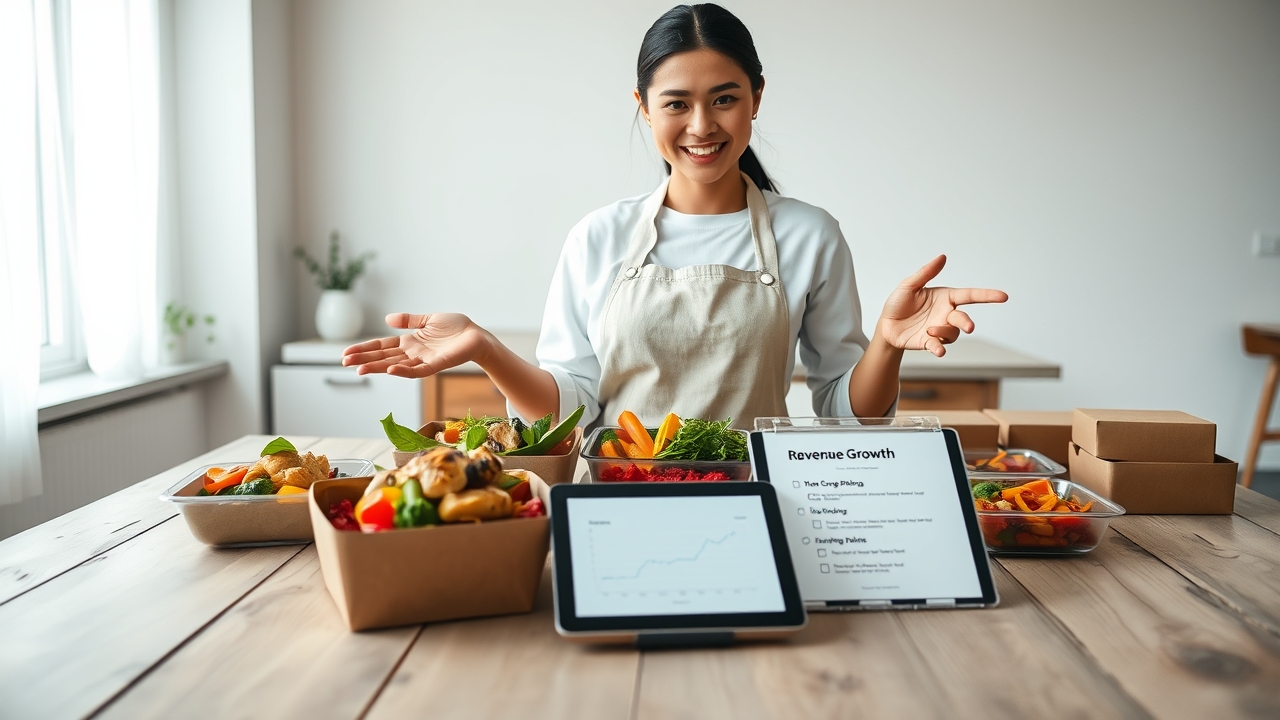 A radiant, focused Indonesian female culinary entrepreneur in her mid-30s, with glowing skin, sleek dark hair pulled back in a crisp, professional low ponytail, and a warm, trustworthy smile, wearing a pristine white chef's coat styled with a modern, minimalist beige linen apron over a simple white tee. She stands with composed confidence behind a large, rustic white-washed wooden table in a bright, airy, modern Jakarta studio kitchen, meticulously arranging a vibrant, colorful array of healthy meal-prep containers (eco-friendly kraft brown boxes with clear lids) and stunningly plated signature dishes—featuring perfectly grilled lemongrass chicken breast, a generous scoop of red rice infused with bay leaves, a vibrant rainbow of steamed broccoli, carrots, and yellow bell peppers, topped with a delicate drizzle of creamy avocado dressing and fresh microgreens. Her right hand gracefully points to a sleek, glowing tablet lying on the table, which clearly displays a promising "Revenue Growth" graph and a clean, professional business plan checklist, symbolizing the "strategi jitu" (winning strategy). In the foreground, the table is tastefully strewn with fresh, organic raw ingredients—heirloom tomatoes, crisp romaine lettuce, whole grain bread, and a rustic basket of free-range eggs—establishing immediate "freshness" and "health" credentials. The background is a sun-drenched, minimalist industrial-chic kitchen with white subway tiles, open wooden shelves showcasing glass jars filled with quinoa, chia seeds, and spices, and soft morning sunlight pouring through large factory-style windows, creating a holographic, clean glow. Cinematic, high-key editorial lighting: bright, diffused natural window light as the primary key from the left, softly reflecting off the white surfaces to eliminate harsh shadows, combined with a subtle, warm golden fill light from the right to add a premium, aspirational warmth, ensuring the food textures look incredibly appetizing and the packaging