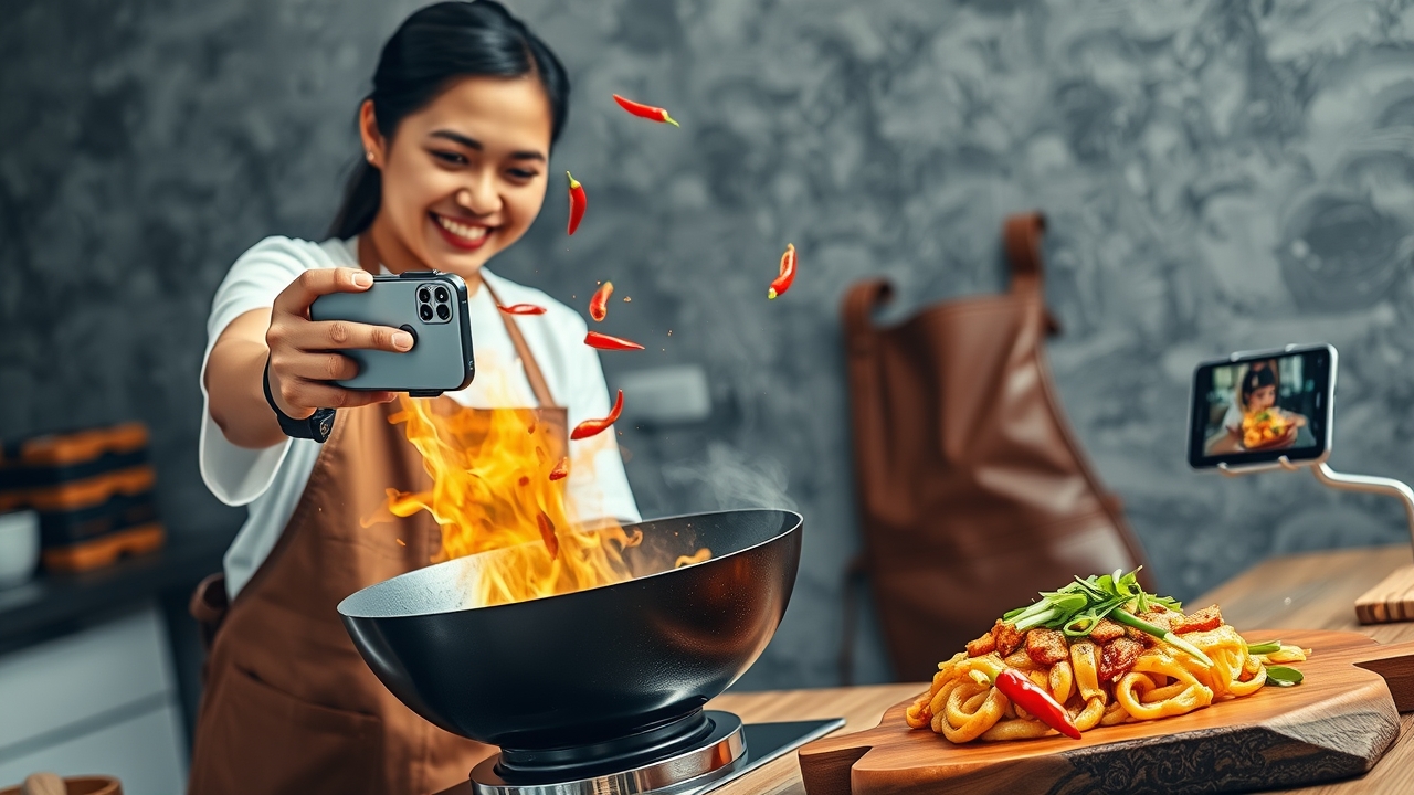 A vibrant, stylish Indonesian female culinary content creator in her mid-to-late 20s, with a fresh, relatable face and a cheerful, concentrated expression, wearing a trendy oversized vintage band t-shirt layered over a simple white tee, paired with a clean, high-quality brown leather apron. She is actively filming a cooking Reel using a modern smartphone mounted on a compact handheld gimbal stabilizer, extending the phone directly over a large, sizzling cast-iron wok that erupts with dramatic, glowing orange sparks, aromatic steam, and flying chili slices frozen in mid-air motion—capturing the exact "money shot" of the cooking process for her followers. In her other hand, she gracefully sprinkles fresh green scallions and spices into the wok. A glossy, perfectly plated final version of the exact same dish sits beautifully on a rustic wooden board to her immediate right, ready for the "reveal" shot. Behind her, slightly out of focus but strategically visible, a dedicated smartphone stand holds a second device displaying a live stream of a previous viral video with a flood of heart emojis, comments, and a screenshot of a glowing 5-star customer testimonial in Indonesian, emphasizing the "social proof" loop. The background is a bright, modern, minimalist kitchen studio with concrete walls, hanging copper pots, and open shelves stocked with spices, softly illuminated by warm sunset-colored LED strip lights (trending TikTok ambience) blending harmoniously with bright, crisp overhead food-prep lighting. Cinematic documentary lighting: dramatic, high-contrast side light from the kitchen window hitting the steam and smoke to create volumetric rays, combined with the cool-blue backlight of the smartphone screen rim-lighting her face, delivering a perfect balance between "culinary art" and "digital content creation." Shot on a 24-70mm zoom lens at 35mm, f/2.8, with a fast shutter speed capturing the micro-details of the flying spices and steam textures, while keeping the subj