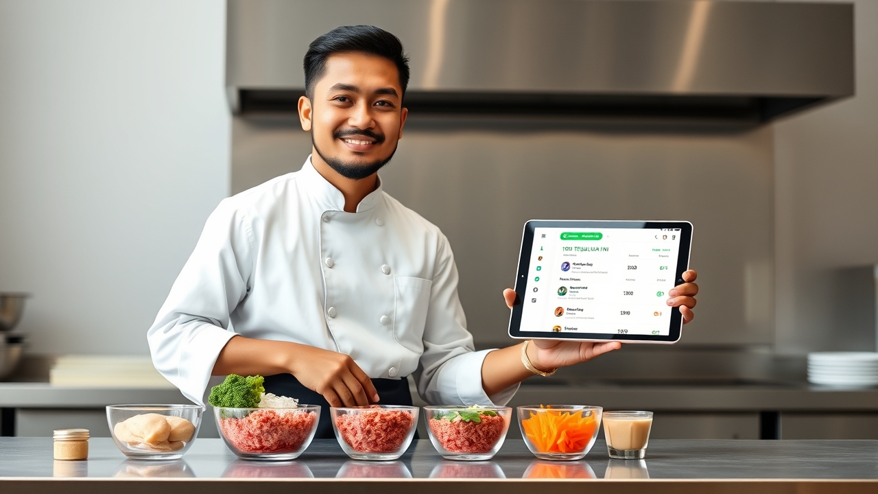 A calm, focused Indonesian chef in his early 30s, with a neatly trimmed beard and a relaxed, satisfied expression, wearing a clean white chef's coat and a practical black apron, standing confidently at a pristine stainless steel workstation in a bright, minimalist commercial kitchen. In front of him is a perfectly organized, meticulously measured assembly of exactly portioned fresh ingredients, each neatly arranged in separate, labeled glass prep bowls—precisely 200 grams of trimmed organic chicken breast, 150 grams of pre-measured red rice, 100 grams of freshly cut broccoli florets, 50 grams of julienned carrots, and a small jar of house-made dressing—all aligned in a precise row, representing the exact quantities needed for today's pre-orders. His right hand gracefully holds a sleek tablet, the screen brightly displaying a clean, digital pre-order dashboard showing a neatly organized list of customer names, their specific menu choices, and a prominent, reassuring green "100% TERJUAL HARI INI" (100% Sold Out Today) indicator, symbolizing "zero waste" and "perfect forecasting." He uses his left hand to gently check off an order on a small, whiteboard checklist mounted beside him, which reads "Sistem PO Aktif" in elegant handwritten script, verifying each meal's completion. Behind him, the kitchen environment is the embodiment of operational zen: a soft, blurred background reveals smart, compact refrigeration units with transparent glass doors, revealing exactly zero overflow—only the precise amount of fresh produce needed for today's confirmed orders, visibly organized by day, with zero leftover stockpiles. The countertops are spotless, with no clutter or scraps, reinforcing the "tanpa menumpuk bahan" (no stockpiling) message. Cinematic, high-key editorial lighting: bright, clean, evenly diffused overhead natural lighting from large skylights, creating a clinical yet warm atmosphere that highlights the vibrant colors of the fresh produce and the clean, organized wor
