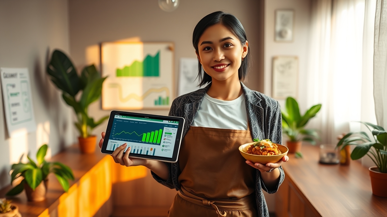 A confident, radiant Indonesian female culinary entrepreneur in her early 30s, with sleek shoulder-length black hair tied in a practical low ponytail and warm-toned skin, wearing a crisp, modernized batik-print blazer over a simple white t-shirt and a minimalist leather apron, standing in a bright, aesthetically designed modern Jakarta studio kitchen featuring terracotta floor tiles, warm teak wood countertops, and lush tropical monstera plants. She holds a sleek tablet in her left hand displaying glowing green upward-trending marketing analytics charts and social media engagement metrics, while her right hand gracefully presents a single, stunning signature dish—a vibrant beef rendang bowl with crispy fried shallots and fresh kemangi basil—suspended elegantly between the digital strategy and the real culinary product. Behind her, a mood board on the wall shows sketched social media content calendars, influencer collaboration notes, and a hand-drawn map of local delivery routes, softly blurred in the background. Cinematic golden-hour window lighting streaming from the upper left, diffused through sheer white curtains, mixing with warm ambient pendant lights hanging above the counter, creating deep, inviting chiaroscuro with soft highlights on the food's steam and the tablet's screen glow, 3200K warm key with subtle 5600K fill. Shot on an 85mm prime lens at f/2.8, shallow depth of field with the subject's face and the rendang bowl in razor-sharp focus, creamy bokeh isolating the background elements. Subject positioned on the right third of the frame, facing left, with the tablet and food creating a dynamic diagonal leading line from the bottom-left to her focused eyes, creating a balanced tension between digital intelligence and culinary heritage. Rich, appetizing color palette dominated by warm earthy terracotta, deep amber gold from the rendang, and professional teal accents from the tablet case and batik patterns, with desaturated cool blues in the shadows to enha