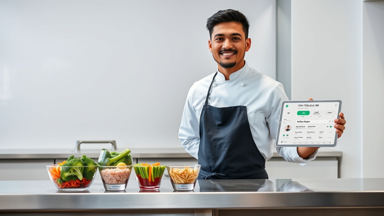 A calm, focused Indonesian chef in his early 30s, with a neatly trimmed beard and a relaxed, satisfied expression, wearing a clean white chef's coat and a practical black apron, standing confidently at a pristine stainless steel workstation in a bright, minimalist commercial kitchen. In front of him is a perfectly organized, meticulously measured assembly of exactly portioned fresh ingredients, each neatly arranged in separate, labeled glass prep bowls—precisely 200 grams of trimmed organic chicken breast, 150 grams of pre-measured red rice, 100 grams of freshly cut broccoli florets, 50 grams of julienned carrots, and a small jar of house-made dressing—all aligned in a precise row, representing the exact quantities needed for today's pre-orders. His right hand gracefully holds a sleek tablet, the screen brightly displaying a clean, digital pre-order dashboard showing a neatly organized list of customer names, their specific menu choices, and a prominent, reassuring green "100% TERJUAL HARI INI" (100% Sold Out Today) indicator, symbolizing "zero waste" and "perfect forecasting." He uses his left hand to gently check off an order on a small, whiteboard checklist mounted beside him, which reads "Sistem PO Aktif" in elegant handwritten script, verifying each meal's completion. Behind him, the kitchen environment is the embodiment of operational zen: a soft, blurred background reveals smart, compact refrigeration units with transparent glass doors, revealing exactly zero overflow—only the precise amount of fresh produce needed for today's confirmed orders, visibly organized by day, with zero leftover stockpiles. The countertops are spotless, with no clutter or scraps, reinforcing the "tanpa menumpuk bahan" (no stockpiling) message. Cinematic, high-key editorial lighting: bright, clean, evenly diffused overhead natural lighting from large skylights, creating a clinical yet warm atmosphere that highlights the vibrant colors of the fresh produce and the clean, organized wor