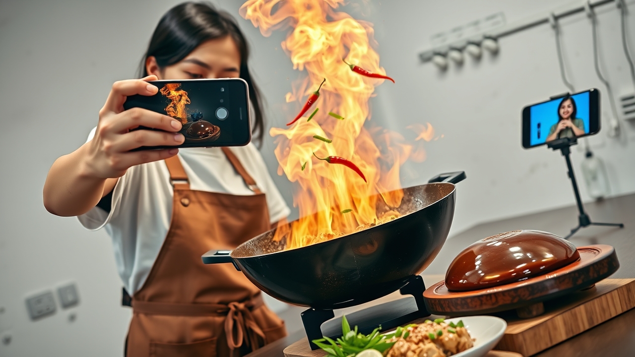 A vibrant, stylish Indonesian female culinary content creator in her mid-to-late 20s, with a fresh, relatable face and a cheerful, concentrated expression, wearing a trendy oversized vintage band t-shirt layered over a simple white tee, paired with a clean, high-quality brown leather apron. She is actively filming a cooking Reel using a modern smartphone mounted on a compact handheld gimbal stabilizer, extending the phone directly over a large, sizzling cast-iron wok that erupts with dramatic, glowing orange sparks, aromatic steam, and flying chili slices frozen in mid-air motion—capturing the exact "money shot" of the cooking process for her followers. In her other hand, she gracefully sprinkles fresh green scallions and spices into the wok. A glossy, perfectly plated final version of the exact same dish sits beautifully on a rustic wooden board to her immediate right, ready for the "reveal" shot. Behind her, slightly out of focus but strategically visible, a dedicated smartphone stand holds a second device displaying a live stream of a previous viral video with a flood of heart emojis, comments, and a screenshot of a glowing 5-star customer testimonial in Indonesian, emphasizing the "social proof" loop. The background is a bright, modern, minimalist kitchen studio with concrete walls, hanging copper pots, and open shelves stocked with spices, softly illuminated by warm sunset-colored LED strip lights (trending TikTok ambience) blending harmoniously with bright, crisp overhead food-prep lighting. Cinematic documentary lighting: dramatic, high-contrast side light from the kitchen window hitting the steam and smoke to create volumetric rays, combined with the cool-blue backlight of the smartphone screen rim-lighting her face, delivering a perfect balance between "culinary art" and "digital content creation." Shot on a 24-70mm zoom lens at 35mm, f/2.8, with a fast shutter speed capturing the micro-details of the flying spices and steam textures, while keeping the subj