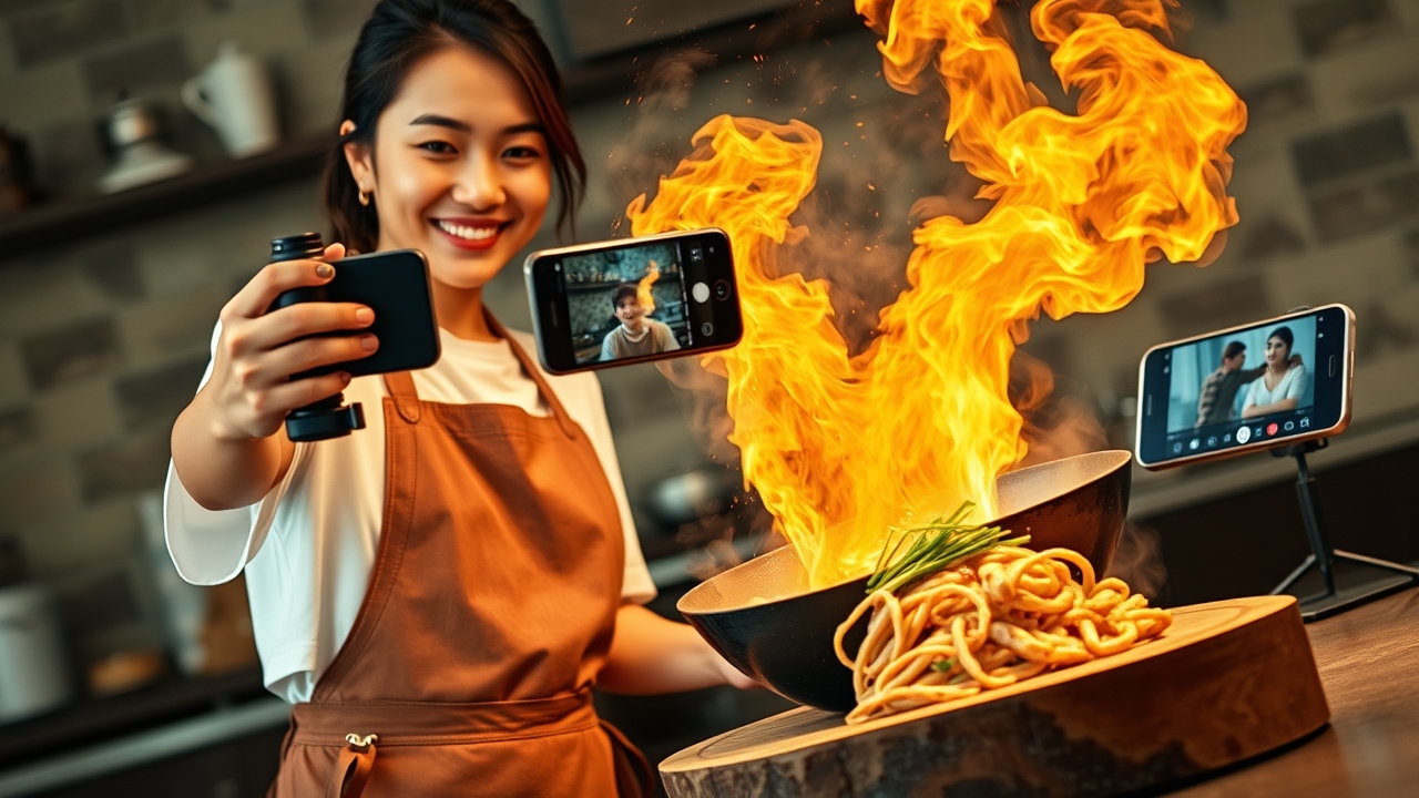 A vibrant, stylish Indonesian female culinary content creator in her mid-to-late 20s, with a fresh, relatable face and a cheerful, concentrated expression, wearing a trendy oversized vintage band t-shirt layered over a simple white tee, paired with a clean, high-quality brown leather apron. She is actively filming a cooking Reel using a modern smartphone mounted on a compact handheld gimbal stabilizer, extending the phone directly over a large, sizzling cast-iron wok that erupts with dramatic, glowing orange sparks, aromatic steam, and flying chili slices frozen in mid-air motion—capturing the exact "money shot" of the cooking process for her followers. In her other hand, she gracefully sprinkles fresh green scallions and spices into the wok. A glossy, perfectly plated final version of the exact same dish sits beautifully on a rustic wooden board to her immediate right, ready for the "reveal" shot. Behind her, slightly out of focus but strategically visible, a dedicated smartphone stand holds a second device displaying a live stream of a previous viral video with a flood of heart emojis, comments, and a screenshot of a glowing 5-star customer testimonial in Indonesian, emphasizing the "social proof" loop. The background is a bright, modern, minimalist kitchen studio with concrete walls, hanging copper pots, and open shelves stocked with spices, softly illuminated by warm sunset-colored LED strip lights (trending TikTok ambience) blending harmoniously with bright, crisp overhead food-prep lighting. Cinematic documentary lighting: dramatic, high-contrast side light from the kitchen window hitting the steam and smoke to create volumetric rays, combined with the cool-blue backlight of the smartphone screen rim-lighting her face, delivering a perfect balance between "culinary art" and "digital content creation." Shot on a 24-70mm zoom lens at 35mm, f/2.8, with a fast shutter speed capturing the micro-details of the flying spices and steam textures, while keeping the subj