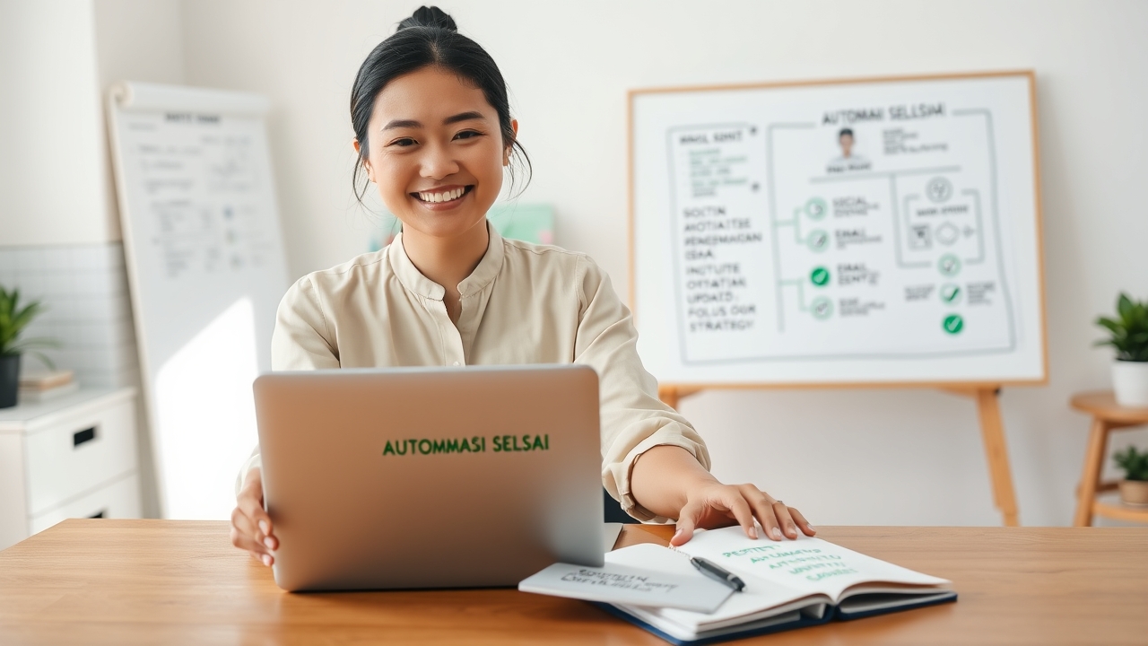 A calm, focused Indonesian small business owner in her early 30s, with a relaxed, relieved smile and a modern, practical appearance—wearing a comfortable but professional cream blouse with rolled-up sleeves, her hair neatly tied back—sitting at a clean wooden desk in a bright, sunlit home office. Her right hand is gently placed on a laptop, showing an AI dashboard with green "AUTOMASI SELESAI" (Automation Complete) badges, while her left hand rests on a notebook with handwritten notes about "PENGEMBANGAN USAHA" (Business Development)—visually representing the freedom AI gives her to focus on growth rather than routine tasks. On the laptop screen, visible automation indicators appear: a "SOCIAL MEDIA POSTED" confirmation, an "EMAIL SENT" notification, and an "INVENTORY UPDATED" alert, all with green checkmarks. A small sticky note on the laptop reads "RUTIN OTOMATIS, FOKUS STRATEGI" (Routine Automated, Focus on Strategy). Behind her, a large whiteboard shows her business expansion plans—new market areas, product development ideas, and partnership opportunities, with the words "STRATEGI 2026" prominently written. A smartphone beside the laptop displays a WhatsApp Business chat with the simple message "Semua otomatis, sekarang saya bisa fokus ekspansi!" (Everything's automated, now I can focus on expansion!). The background reveals a warm, organized workspace with natural light streaming through a window, a small plant, and a subtle Indonesian flag motif. Cinematic, warm editorial lighting: soft, diffused natural window light from the left, creating a calm, productive atmosphere with a gentle golden warmth that signals "freedom and growth." Shot on a 50mm prime lens at f/2.8, shallow depth of field keeping the entrepreneur's relaxed face, the laptop screen with automation confirmations, and the strategic whiteboard in sharp focus, while the background melts into a beautiful bokeh. Warm, inviting color palette dominated by soft creams, warm wood tones, and gentle greens
