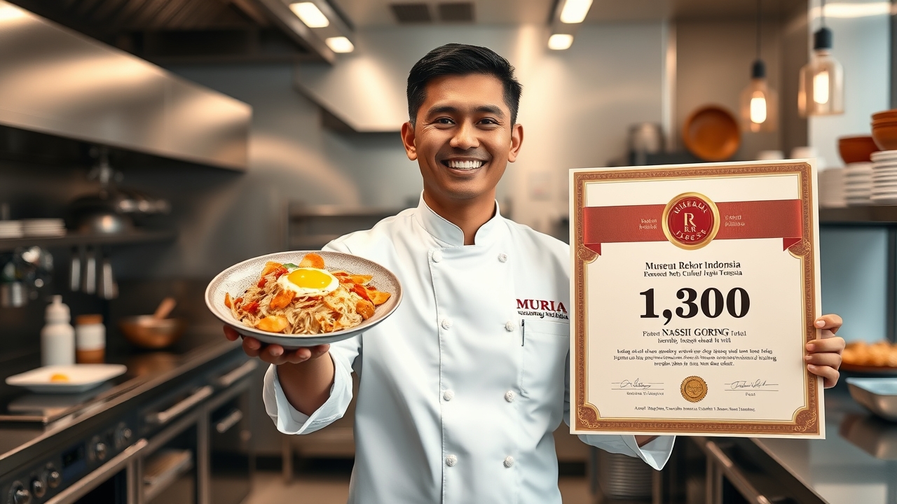 A charismatic, beaming Indonesian male culinary entrepreneur in his late 30s, with a neat, modern haircut and an approachable, intelligent face, wearing a pristine white chef's coat with the sleeves casually rolled up to reveal a simple, stylish watch—embodying the perfect blend of "hands-on chef" and "CEO." He stands proudly in the center of a bright, bustling, state-of-the-art commercial kitchen, radiating confident humility. In his left hand, he holds up a single, beautifully simple, steam-kissed dish—a classic, perfectly plated Nasi Goreng with a fried egg, sambal, and prawn crackers—representing the "one simple menu" he started with. In his right hand, he triumphantly presents a large, highly detailed, official-looking golden-plaqued Indonesian MURI (Museum Rekor Indonesia) certificate, prominently featuring a bold red and gold emblem, formal Indonesian text stating the record, and a clear, legible number "1.300" (1,300 variations) highlighted with a metallic gold foil effect, directly glowing under the kitchen lights to cement undeniable proof of achievement. The background is a dynamic, slightly blurred panorama of his industrial-scale kitchen: a long assembly line of stainless steel tables manned by a diverse, focused team of chefs in matching uniforms, all meticulously plating identical, consistent, high-quality healthy meals—each box looking exactly the same, visually reinforcing the core message of "konsistensi rasa dan kualitas." On the far back wall, a massive digital whiteboard displays a clean, ascending bar chart showing menu growth from "1" to "1,300," alongside a large screenshot of a 5-star customer review, ensuring the "quality" proof is visible. Dramatic, editorial lighting: warm, cinematic golden key light focusing on the founder and the two hero objects (the original dish and the certificate), with cool, crisp, clinical overhead fill lights illuminating the background production line, creating a powerful visual contrast between "inspiring foun