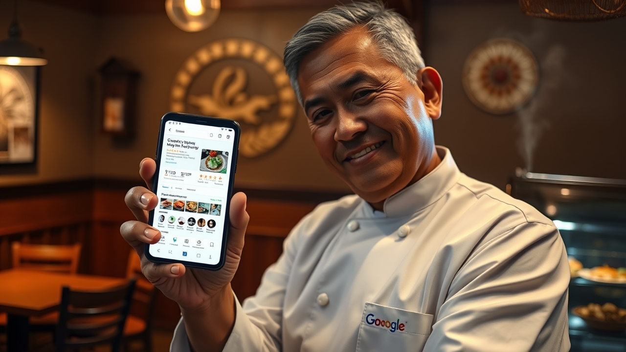 A warm, focused Indonesian restaurant owner in his late 40s, with short graying hair, kind eyes, and a clean, starched white chef's coat with a small embroidered logo, standing confidently at the wooden service counter of his cozy, tastefully decorated Padang-style eatery. He holds a bright, glowing smartphone in both hands, tilted toward the camera, the screen clearly displaying a fully completed, highly optimized Google My Business (Google Maps) profile—featuring the complete business address, precise operating hours, visible phone number, and a crisp grid of signature menu food photos, all prominently anchored by a shiny green "Verified" badge and a glowing set of five golden stars. The background reveals his actual physical restaurant—warm teak wood tables, traditional Minangkabau decorative motifs on the wall, and a glass display case filled with steam rising from fresh side dishes—deliberately softly blurred to ensure the smartphone screen remains the undisputed focal point. Dramatic, realistic dual lighting: cool, crisp blue-white light from the smartphone screen casting a sharp edge rim-light on his hands and face (signaling "digital modernity"), beautifully mingling with rich, appetizing golden amber ambient light from traditional pendant lamps hanging above the counter (signaling "culinary authenticity"), creating a sophisticated high-contrast editorial aesthetic. Shot on a 50mm prime lens at f/4.0, medium depth of field keeping the phone screen, the "Verified" badge, and the five-star ratings tack-sharp, while softening the background enough to establish context without distraction. Dynamic diagonal composition with the smartphone placed precisely on the lower-left third, his hands framing it elegantly, leading the viewer's gaze directly upward to his satisfied, trustworthy smile. Warm, appetizing color palette dominated by amber, deep mahogany, and rich teak, contrasted sharply with the cool, authoritative tech-blue of the Google Maps interface. Editoria