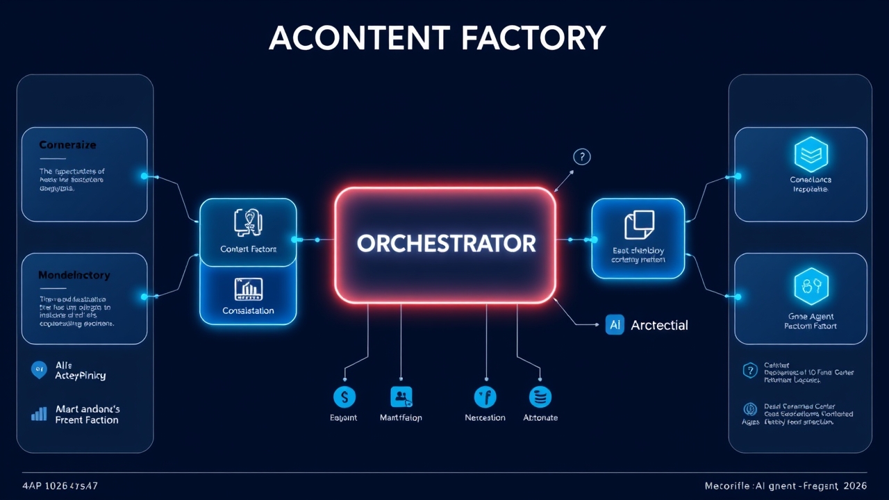 AI Content Factory 2026 – Enterprise Multi-Agent Architecture Diagram

Create an ultra-premium enterprise architecture infographic for an AI-powered Content Factory platform. The design must look like it was created by Microsoft Azure, AWS Architecture Center, Gartner, McKinsey, or Figma enterprise designers.

Style

- Modern enterprise architecture
- Dark navy gradient background (#071426 → #0F2747)
- Glassmorphism panels
- Cyan and electric blue glowing connection lines
- White typography
- Rounded cards with soft shadows
- Minimalist icons
- Thin neon connectors
- Premium presentation slide
- Corporate executive dashboard
- Futuristic AI platform
- High readability
- Professional PowerPoint style
- 16:9 landscape
- 4K resolution
- No watermark
- No people
- No photos
- Flat isometric enterprise illustration
- Symmetrical layout
- Clean spacing
- Premium infographic quality

---

TITLE

AI CONTENT FACTORY

Subtitle

Enterprise Multi-Agent AI Architecture

---

TOP LAYER

Large glowing card centered

ORCHESTRATOR

Inside the card show

• Workflow Engine

• Agent Controller

• Scheduler

• Queue Manager

• Retry Engine

• Priority Manager

• Monitoring

Below it place

Pipeline Controller

---

SECOND LAYER

Create ten equally sized glass cards aligned horizontally.

Each card has an icon, title and small subtitle.

Research Agent

Icon:
Magnifier

Subtitle:
Knowledge Discovery

---

Keyword Agent

Icon:
SEO

Subtitle:
Keyword Intelligence

---

Outline Agent

Icon:
Flow Diagram

Subtitle:
Content Planning

---

Writer Agent

Icon:
Document

Subtitle:
AI Content Generation

---

SEO Agent

Icon:
Search

Subtitle:
Optimization

---

Humanizer Agent

Icon:
Magic Wand

Subtitle:
Natural Language Improvement

---

Fact Checker Agent

Icon:
Shield Check

Subtitle:
Content Validation

---

Quality Assurance Agent

Icon:
Clipboard Check

Subtitle:
Grammar • Readability • Quality Score

---

Image Prompt Agent

Icon:
Image

Subtitle:
Thumbnail Prompt Builder

---

Publisher