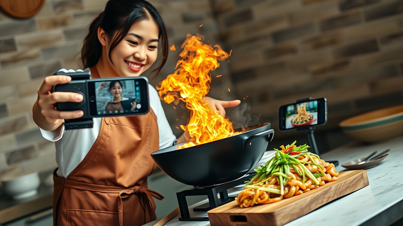 A vibrant, stylish Indonesian female culinary content creator in her mid-to-late 20s, with a fresh, relatable face and a cheerful, concentrated expression, wearing a trendy oversized vintage band t-shirt layered over a simple white tee, paired with a clean, high-quality brown leather apron. She is actively filming a cooking Reel using a modern smartphone mounted on a compact handheld gimbal stabilizer, extending the phone directly over a large, sizzling cast-iron wok that erupts with dramatic, glowing orange sparks, aromatic steam, and flying chili slices frozen in mid-air motion—capturing the exact "money shot" of the cooking process for her followers. In her other hand, she gracefully sprinkles fresh green scallions and spices into the wok. A glossy, perfectly plated final version of the exact same dish sits beautifully on a rustic wooden board to her immediate right, ready for the "reveal" shot. Behind her, slightly out of focus but strategically visible, a dedicated smartphone stand holds a second device displaying a live stream of a previous viral video with a flood of heart emojis, comments, and a screenshot of a glowing 5-star customer testimonial in Indonesian, emphasizing the "social proof" loop. The background is a bright, modern, minimalist kitchen studio with concrete walls, hanging copper pots, and open shelves stocked with spices, softly illuminated by warm sunset-colored LED strip lights (trending TikTok ambience) blending harmoniously with bright, crisp overhead food-prep lighting. Cinematic documentary lighting: dramatic, high-contrast side light from the kitchen window hitting the steam and smoke to create volumetric rays, combined with the cool-blue backlight of the smartphone screen rim-lighting her face, delivering a perfect balance between "culinary art" and "digital content creation." Shot on a 24-70mm zoom lens at 35mm, f/2.8, with a fast shutter speed capturing the micro-details of the flying spices and steam textures, while keeping the subj