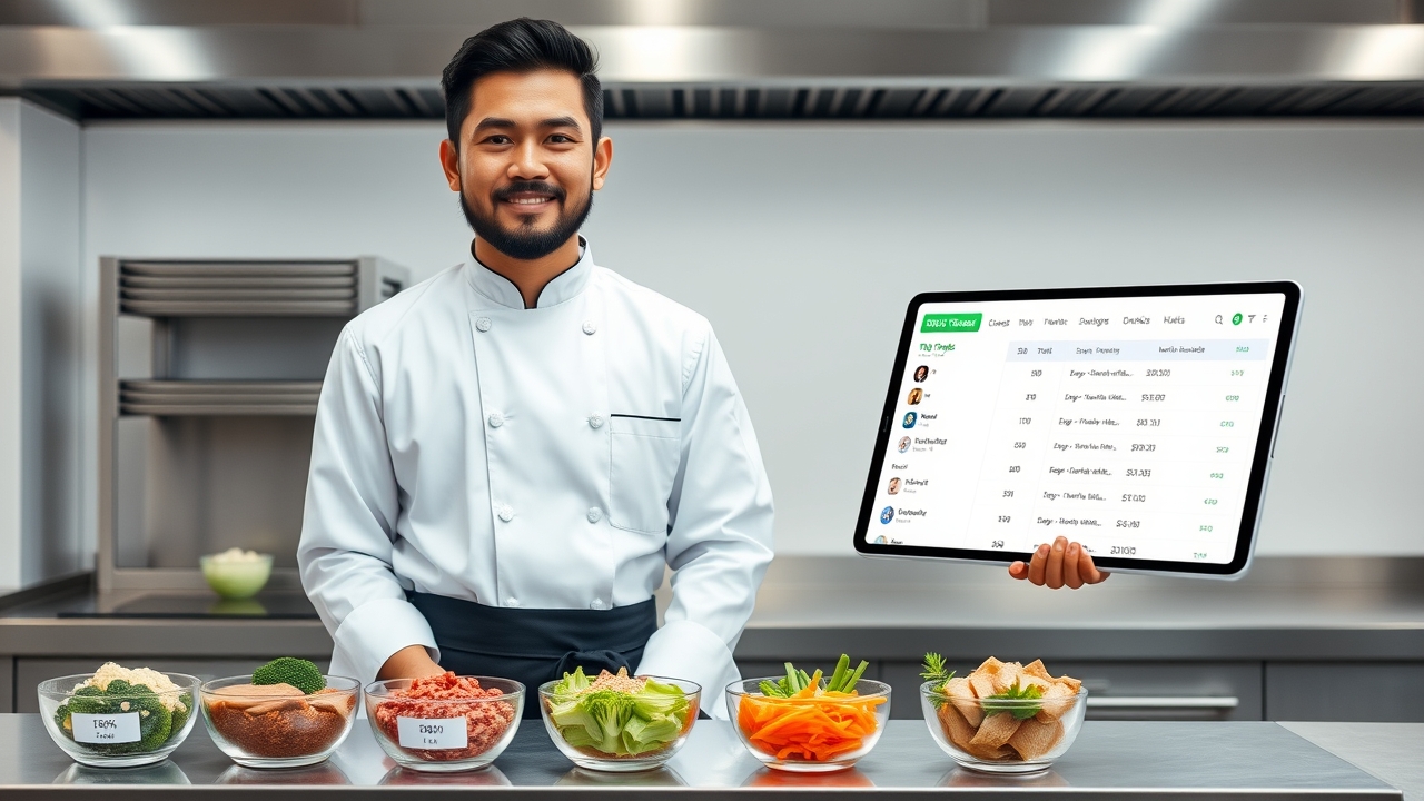 A calm, focused Indonesian chef in his early 30s, with a neatly trimmed beard and a relaxed, satisfied expression, wearing a clean white chef's coat and a practical black apron, standing confidently at a pristine stainless steel workstation in a bright, minimalist commercial kitchen. In front of him is a perfectly organized, meticulously measured assembly of exactly portioned fresh ingredients, each neatly arranged in separate, labeled glass prep bowls—precisely 200 grams of trimmed organic chicken breast, 150 grams of pre-measured red rice, 100 grams of freshly cut broccoli florets, 50 grams of julienned carrots, and a small jar of house-made dressing—all aligned in a precise row, representing the exact quantities needed for today's pre-orders. His right hand gracefully holds a sleek tablet, the screen brightly displaying a clean, digital pre-order dashboard showing a neatly organized list of customer names, their specific menu choices, and a prominent, reassuring green "100% TERJUAL HARI INI" (100% Sold Out Today) indicator, symbolizing "zero waste" and "perfect forecasting." He uses his left hand to gently check off an order on a small, whiteboard checklist mounted beside him, which reads "Sistem PO Aktif" in elegant handwritten script, verifying each meal's completion. Behind him, the kitchen environment is the embodiment of operational zen: a soft, blurred background reveals smart, compact refrigeration units with transparent glass doors, revealing exactly zero overflow—only the precise amount of fresh produce needed for today's confirmed orders, visibly organized by day, with zero leftover stockpiles. The countertops are spotless, with no clutter or scraps, reinforcing the "tanpa menumpuk bahan" (no stockpiling) message. Cinematic, high-key editorial lighting: bright, clean, evenly diffused overhead natural lighting from large skylights, creating a clinical yet warm atmosphere that highlights the vibrant colors of the fresh produce and the clean, organized wor