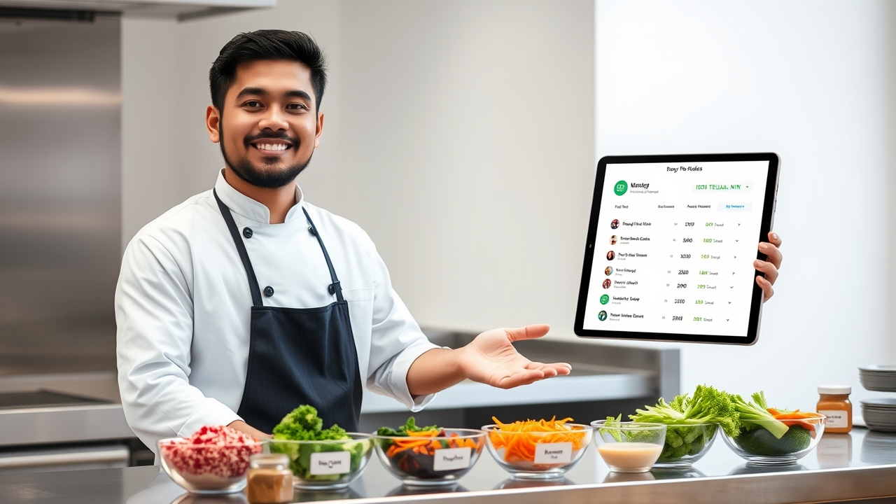 A calm, focused Indonesian chef in his early 30s, with a neatly trimmed beard and a relaxed, satisfied expression, wearing a clean white chef's coat and a practical black apron, standing confidently at a pristine stainless steel workstation in a bright, minimalist commercial kitchen. In front of him is a perfectly organized, meticulously measured assembly of exactly portioned fresh ingredients, each neatly arranged in separate, labeled glass prep bowls—precisely 200 grams of trimmed organic chicken breast, 150 grams of pre-measured red rice, 100 grams of freshly cut broccoli florets, 50 grams of julienned carrots, and a small jar of house-made dressing—all aligned in a precise row, representing the exact quantities needed for today's pre-orders. His right hand gracefully holds a sleek tablet, the screen brightly displaying a clean, digital pre-order dashboard showing a neatly organized list of customer names, their specific menu choices, and a prominent, reassuring green "100% TERJUAL HARI INI" (100% Sold Out Today) indicator, symbolizing "zero waste" and "perfect forecasting." He uses his left hand to gently check off an order on a small, whiteboard checklist mounted beside him, which reads "Sistem PO Aktif" in elegant handwritten script, verifying each meal's completion. Behind him, the kitchen environment is the embodiment of operational zen: a soft, blurred background reveals smart, compact refrigeration units with transparent glass doors, revealing exactly zero overflow—only the precise amount of fresh produce needed for today's confirmed orders, visibly organized by day, with zero leftover stockpiles. The countertops are spotless, with no clutter or scraps, reinforcing the "tanpa menumpuk bahan" (no stockpiling) message. Cinematic, high-key editorial lighting: bright, clean, evenly diffused overhead natural lighting from large skylights, creating a clinical yet warm atmosphere that highlights the vibrant colors of the fresh produce and the clean, organized wor