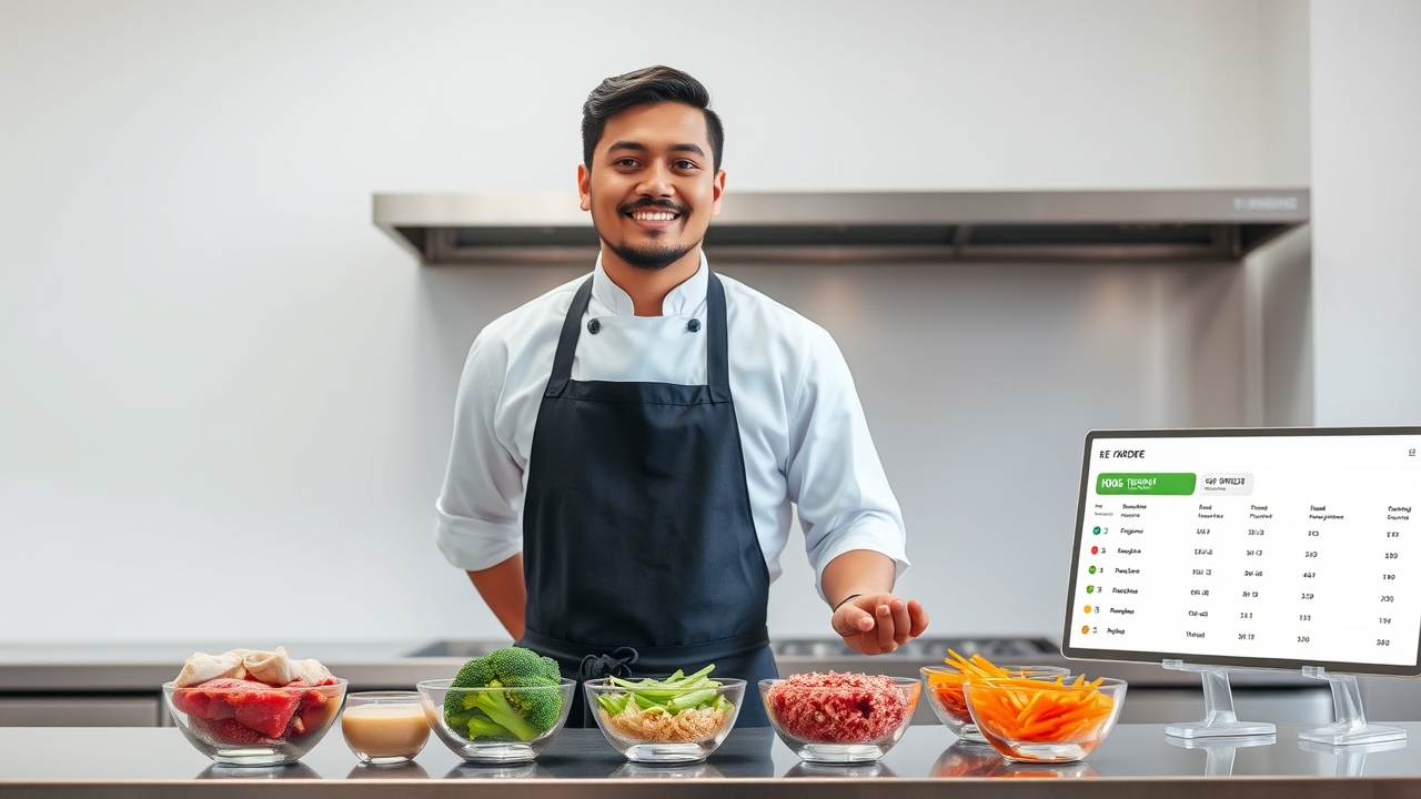 A calm, focused Indonesian chef in his early 30s, with a neatly trimmed beard and a relaxed, satisfied expression, wearing a clean white chef's coat and a practical black apron, standing confidently at a pristine stainless steel workstation in a bright, minimalist commercial kitchen. In front of him is a perfectly organized, meticulously measured assembly of exactly portioned fresh ingredients, each neatly arranged in separate, labeled glass prep bowls—precisely 200 grams of trimmed organic chicken breast, 150 grams of pre-measured red rice, 100 grams of freshly cut broccoli florets, 50 grams of julienned carrots, and a small jar of house-made dressing—all aligned in a precise row, representing the exact quantities needed for today's pre-orders. His right hand gracefully holds a sleek tablet, the screen brightly displaying a clean, digital pre-order dashboard showing a neatly organized list of customer names, their specific menu choices, and a prominent, reassuring green "100% TERJUAL HARI INI" (100% Sold Out Today) indicator, symbolizing "zero waste" and "perfect forecasting." He uses his left hand to gently check off an order on a small, whiteboard checklist mounted beside him, which reads "Sistem PO Aktif" in elegant handwritten script, verifying each meal's completion. Behind him, the kitchen environment is the embodiment of operational zen: a soft, blurred background reveals smart, compact refrigeration units with transparent glass doors, revealing exactly zero overflow—only the precise amount of fresh produce needed for today's confirmed orders, visibly organized by day, with zero leftover stockpiles. The countertops are spotless, with no clutter or scraps, reinforcing the "tanpa menumpuk bahan" (no stockpiling) message. Cinematic, high-key editorial lighting: bright, clean, evenly diffused overhead natural lighting from large skylights, creating a clinical yet warm atmosphere that highlights the vibrant colors of the fresh produce and the clean, organized wor