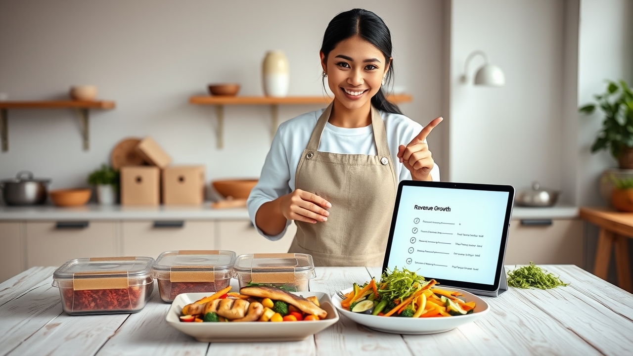 A radiant, focused Indonesian female culinary entrepreneur in her mid-30s, with glowing skin, sleek dark hair pulled back in a crisp, professional low ponytail, and a warm, trustworthy smile, wearing a pristine white chef's coat styled with a modern, minimalist beige linen apron over a simple white tee. She stands with composed confidence behind a large, rustic white-washed wooden table in a bright, airy, modern Jakarta studio kitchen, meticulously arranging a vibrant, colorful array of healthy meal-prep containers (eco-friendly kraft brown boxes with clear lids) and stunningly plated signature dishes—featuring perfectly grilled lemongrass chicken breast, a generous scoop of red rice infused with bay leaves, a vibrant rainbow of steamed broccoli, carrots, and yellow bell peppers, topped with a delicate drizzle of creamy avocado dressing and fresh microgreens. Her right hand gracefully points to a sleek, glowing tablet lying on the table, which clearly displays a promising "Revenue Growth" graph and a clean, professional business plan checklist, symbolizing the "strategi jitu" (winning strategy). In the foreground, the table is tastefully strewn with fresh, organic raw ingredients—heirloom tomatoes, crisp romaine lettuce, whole grain bread, and a rustic basket of free-range eggs—establishing immediate "freshness" and "health" credentials. The background is a sun-drenched, minimalist industrial-chic kitchen with white subway tiles, open wooden shelves showcasing glass jars filled with quinoa, chia seeds, and spices, and soft morning sunlight pouring through large factory-style windows, creating a holographic, clean glow. Cinematic, high-key editorial lighting: bright, diffused natural window light as the primary key from the left, softly reflecting off the white surfaces to eliminate harsh shadows, combined with a subtle, warm golden fill light from the right to add a premium, aspirational warmth, ensuring the food textures look incredibly appetizing and the packaging