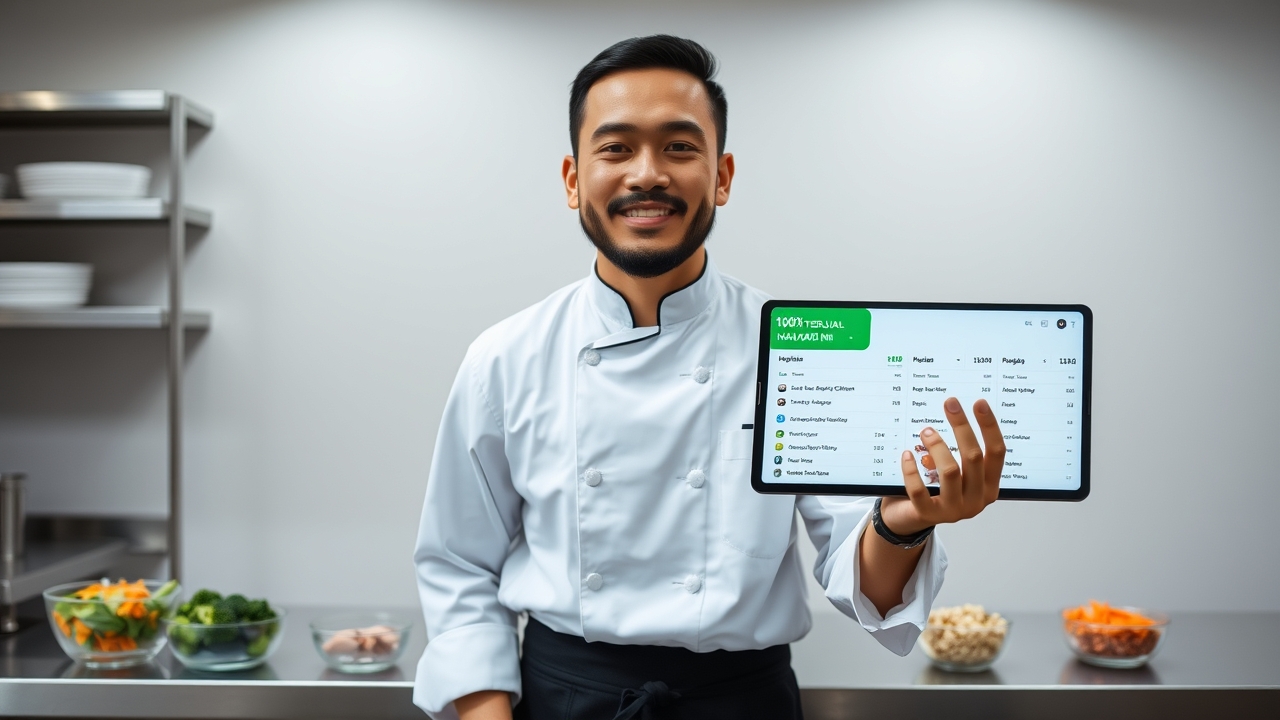 A calm, focused Indonesian chef in his early 30s, with a neatly trimmed beard and a relaxed, satisfied expression, wearing a clean white chef's coat and a practical black apron, standing confidently at a pristine stainless steel workstation in a bright, minimalist commercial kitchen. In front of him is a perfectly organized, meticulously measured assembly of exactly portioned fresh ingredients, each neatly arranged in separate, labeled glass prep bowls—precisely 200 grams of trimmed organic chicken breast, 150 grams of pre-measured red rice, 100 grams of freshly cut broccoli florets, 50 grams of julienned carrots, and a small jar of house-made dressing—all aligned in a precise row, representing the exact quantities needed for today's pre-orders. His right hand gracefully holds a sleek tablet, the screen brightly displaying a clean, digital pre-order dashboard showing a neatly organized list of customer names, their specific menu choices, and a prominent, reassuring green "100% TERJUAL HARI INI" (100% Sold Out Today) indicator, symbolizing "zero waste" and "perfect forecasting." He uses his left hand to gently check off an order on a small, whiteboard checklist mounted beside him, which reads "Sistem PO Aktif" in elegant handwritten script, verifying each meal's completion. Behind him, the kitchen environment is the embodiment of operational zen: a soft, blurred background reveals smart, compact refrigeration units with transparent glass doors, revealing exactly zero overflow—only the precise amount of fresh produce needed for today's confirmed orders, visibly organized by day, with zero leftover stockpiles. The countertops are spotless, with no clutter or scraps, reinforcing the "tanpa menumpuk bahan" (no stockpiling) message. Cinematic, high-key editorial lighting: bright, clean, evenly diffused overhead natural lighting from large skylights, creating a clinical yet warm atmosphere that highlights the vibrant colors of the fresh produce and the clean, organized wor